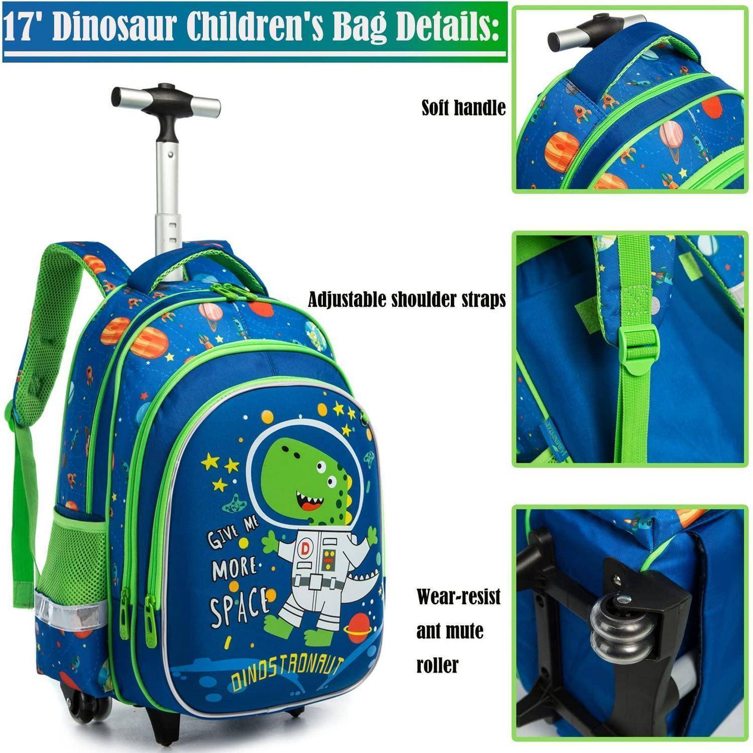 Rollrucksack Kinder 16 Zoll 3-teiliges Set Grün Dinosaurier