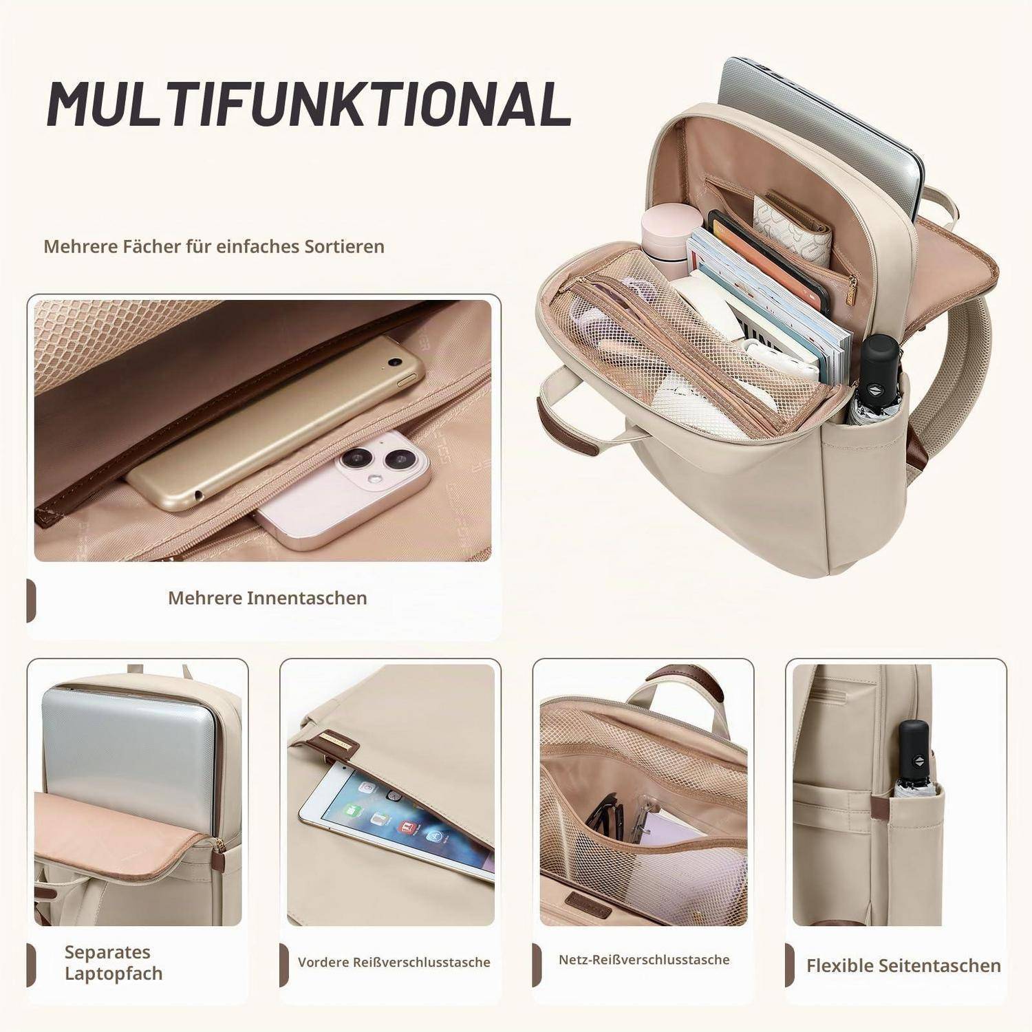 Werbebild eines multifunktionalen beigefarbenen Rucksacks mit mehreren Fächern, einschließlich eines separaten Laptop-Fachs, vorderer und Mesh-Reißverschlusstaschen sowie flexibler Seitentaschen.