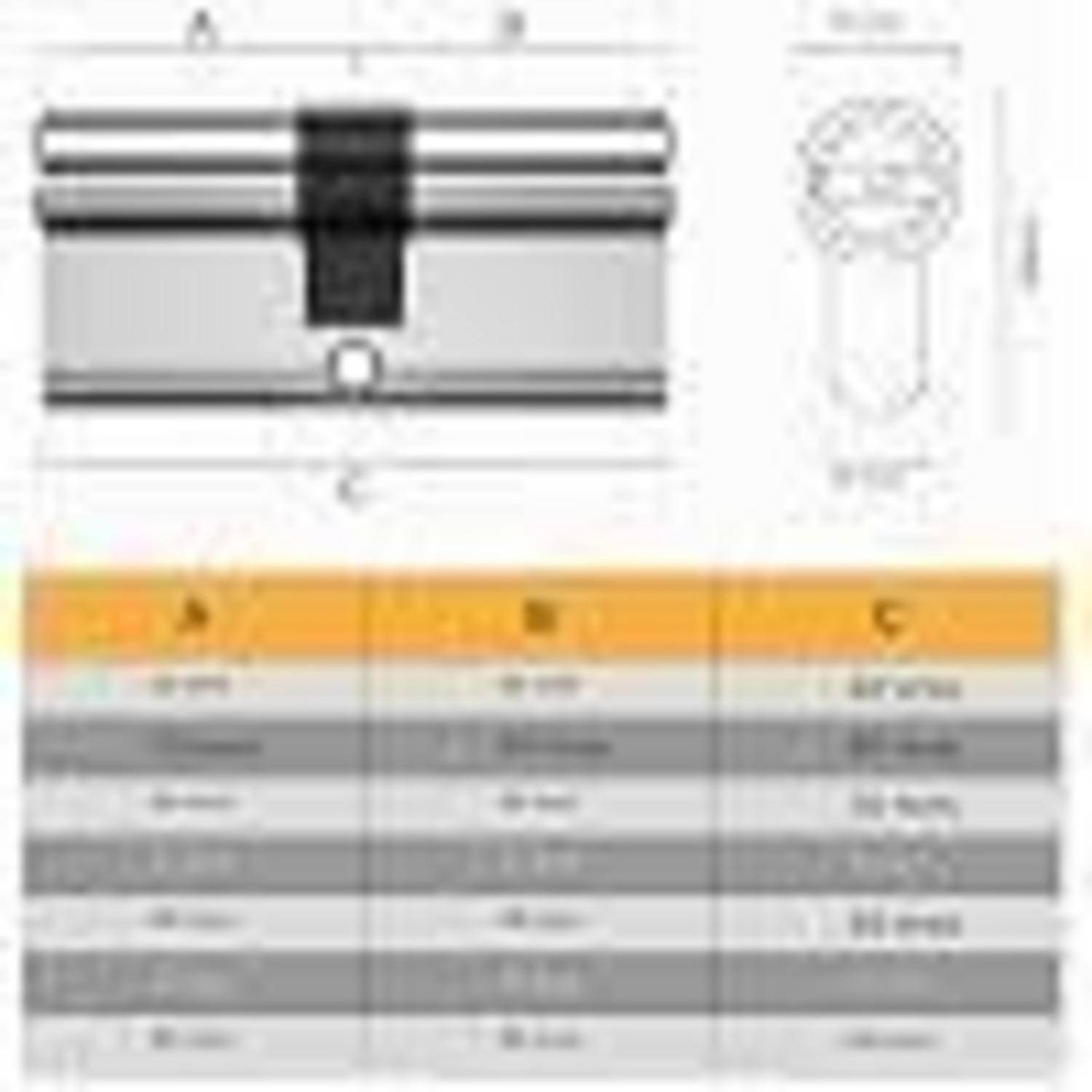 Technische Zeichnung eines eingespannten mechanischen Bauteils mit beschrifteten Ansichten A, B und C sowie eine Spezifikationstabelle unten mit Größen- oder Passmessungen.