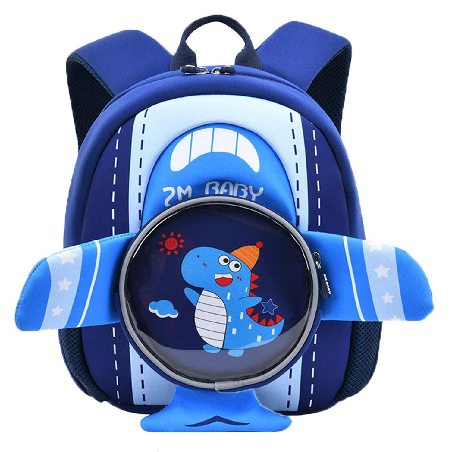 Blauer Kinderrucksack mit Dinosauriergrafik und runter Vordertasche