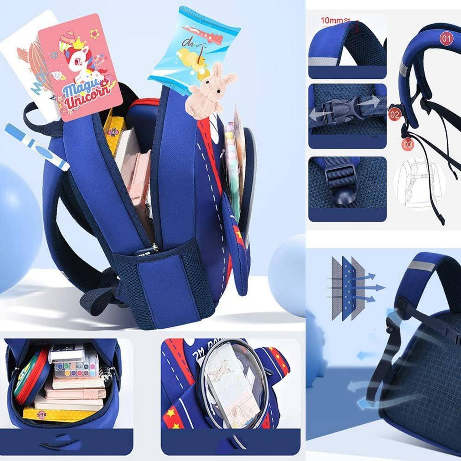 Blauer Kinderrucksack mit Einhorn-Design, mehrere Fächer mit Reißverschluss, gepolsterte Träger und Seitentaschen, gezeigt mit Schulbedarf und Funktionshinweisen.