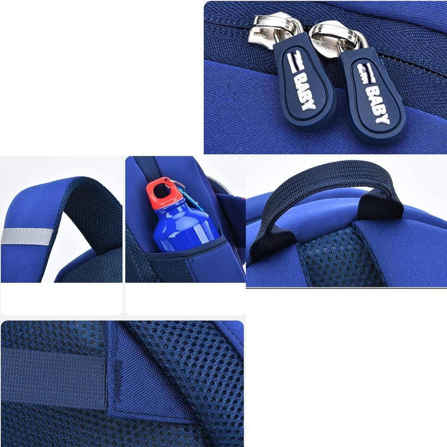 Collage eines blauen Babyrucksacks mit Reißverschlussschiebern mit der Aufschrift 