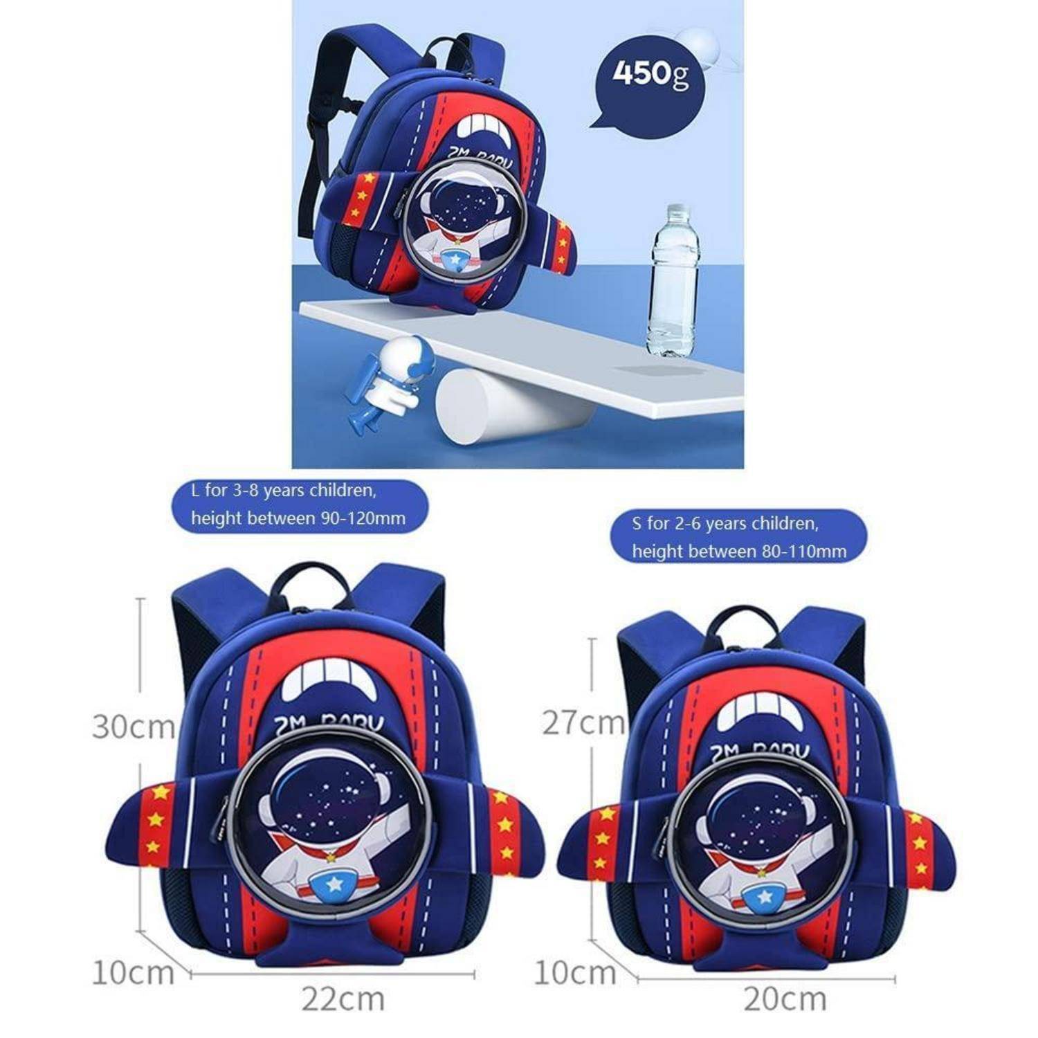 Produktbild eines blauen Kinderrucksacks mit Astronautendesign, dargestellt mit 450 g und in zwei Größen: 30 x 22 x 10 cm für Alter 3-8 und 27 x 20 x 10 cm für Alter 2-6.