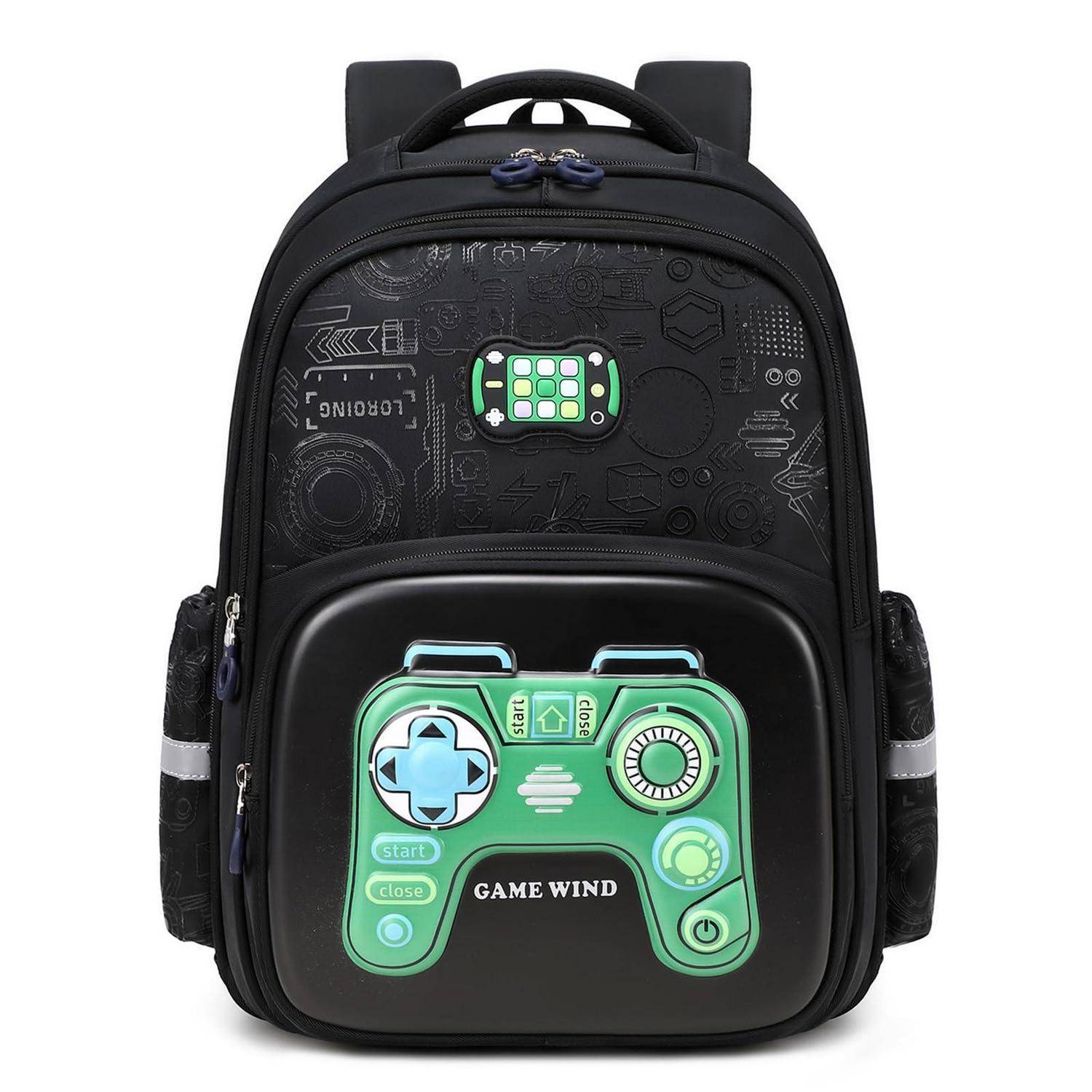 Schwarzer Kinderrucksack mit Spielecontroller-Design und „GAME WIND