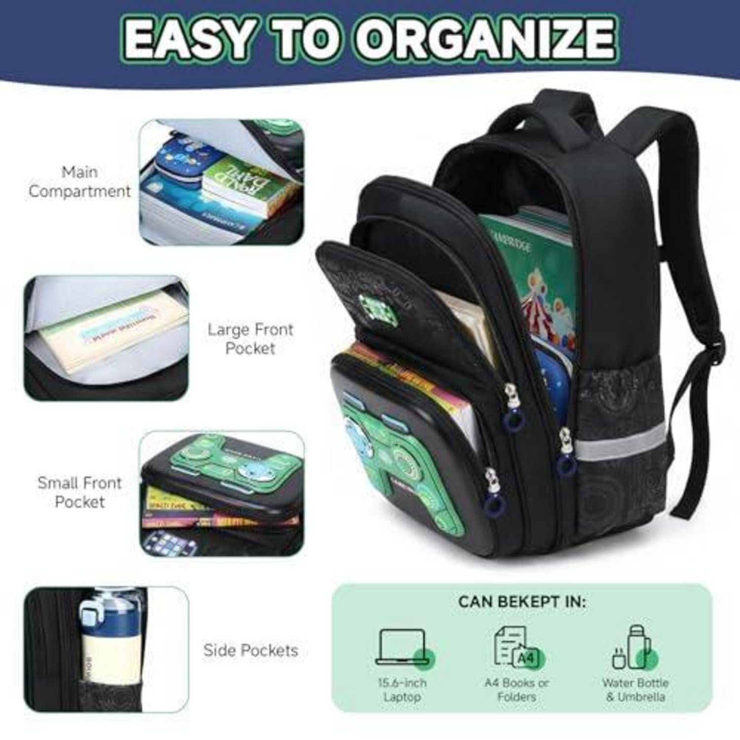 Werbegrafik eines schwarzen Rucksacks mit der Aufschrift 
