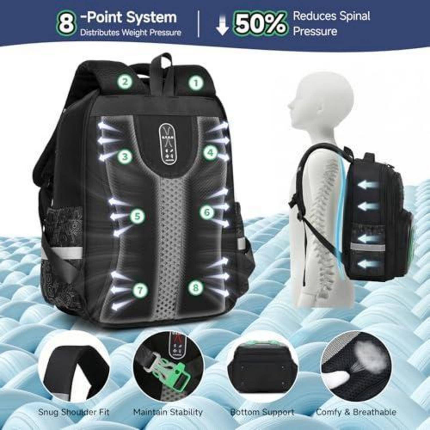 Werbegrafik eines schwarzen Rucksacks mit einem 