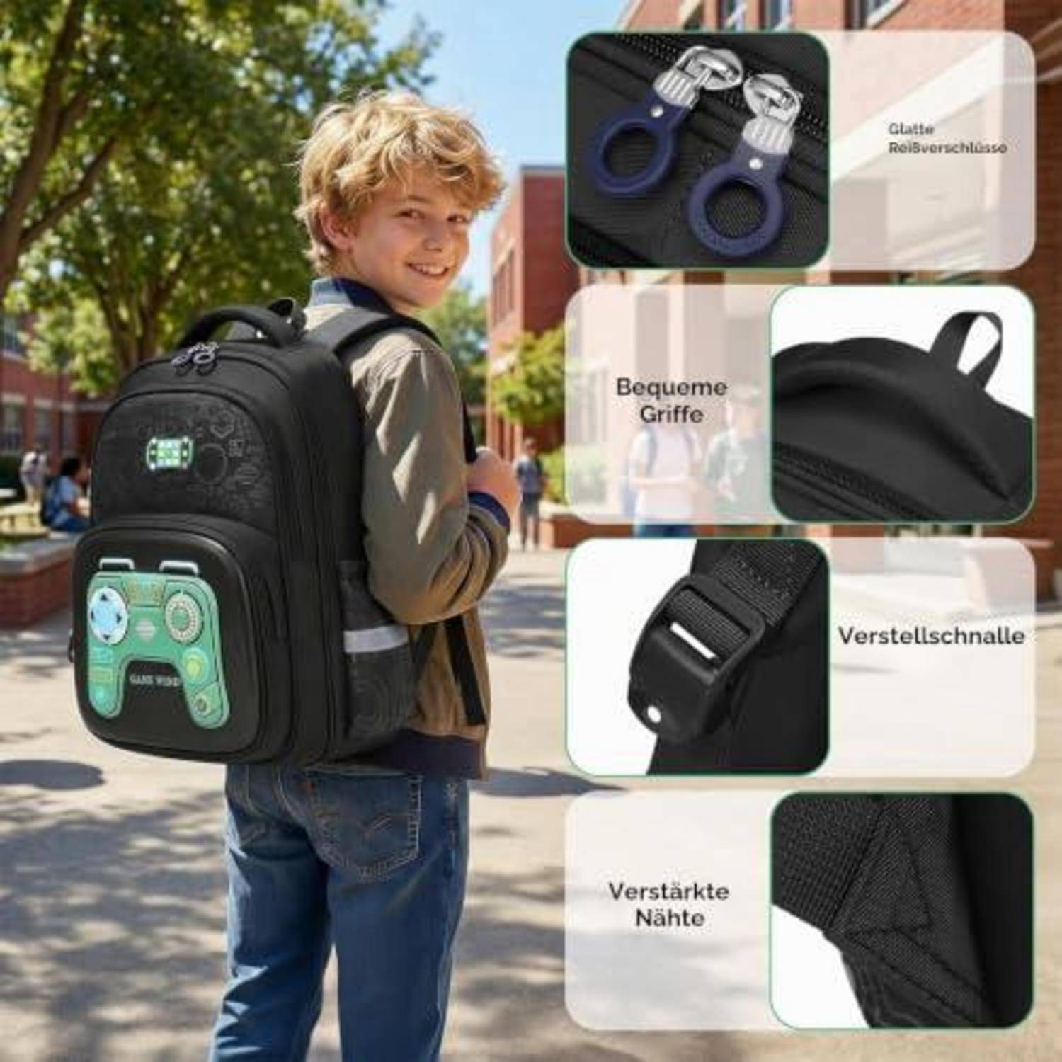 Junge mit schwarzem Rucksack auf einem Schulgelände; Beschriftungen heben glatte Reißverschlüsse, komfortable Griffe, verstellbaren Schnallen und verstärkte Nähte hervor.