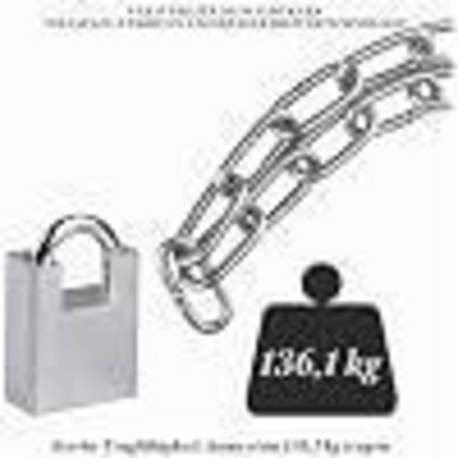 Illustration eines Vorhängeschlosses und einer Kette neben einem Gewicht von 136,1 kg, das das Sichern oder Verriegeln einer schweren Last suggeriert.