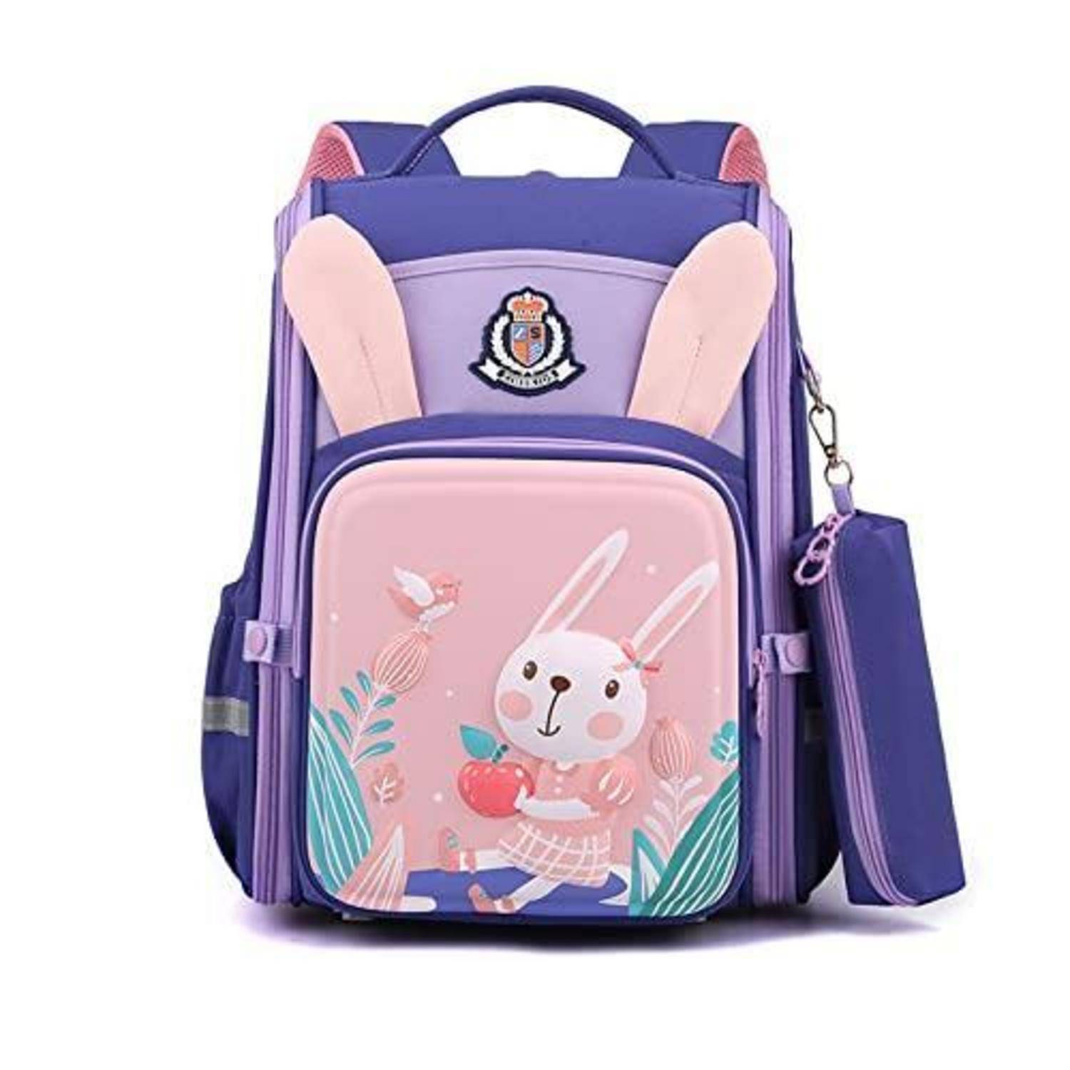 Lila Kinderrucksack mit Hasenohren und einer rosa Kaninchen-Illustration, gezeigt mit einem passenden Seitenbeutel.