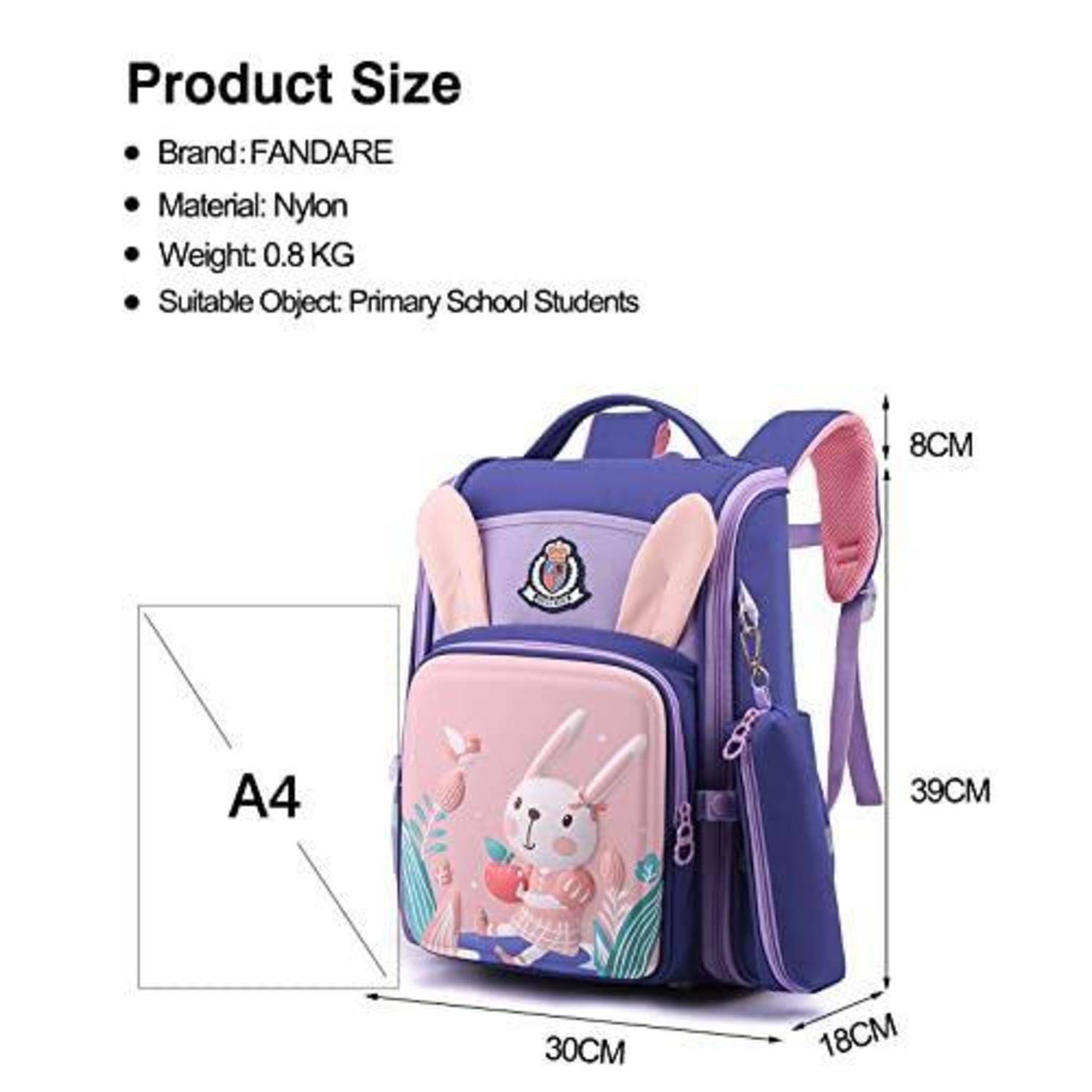 Produktgrößenabbildung eines violett-rosa farbigen Schulrucksacks mit Kaninchendesign; Abmessungen 39 cm hoch, 30 cm breit, 18 cm tief, im A4-Format, für Grundschüler.