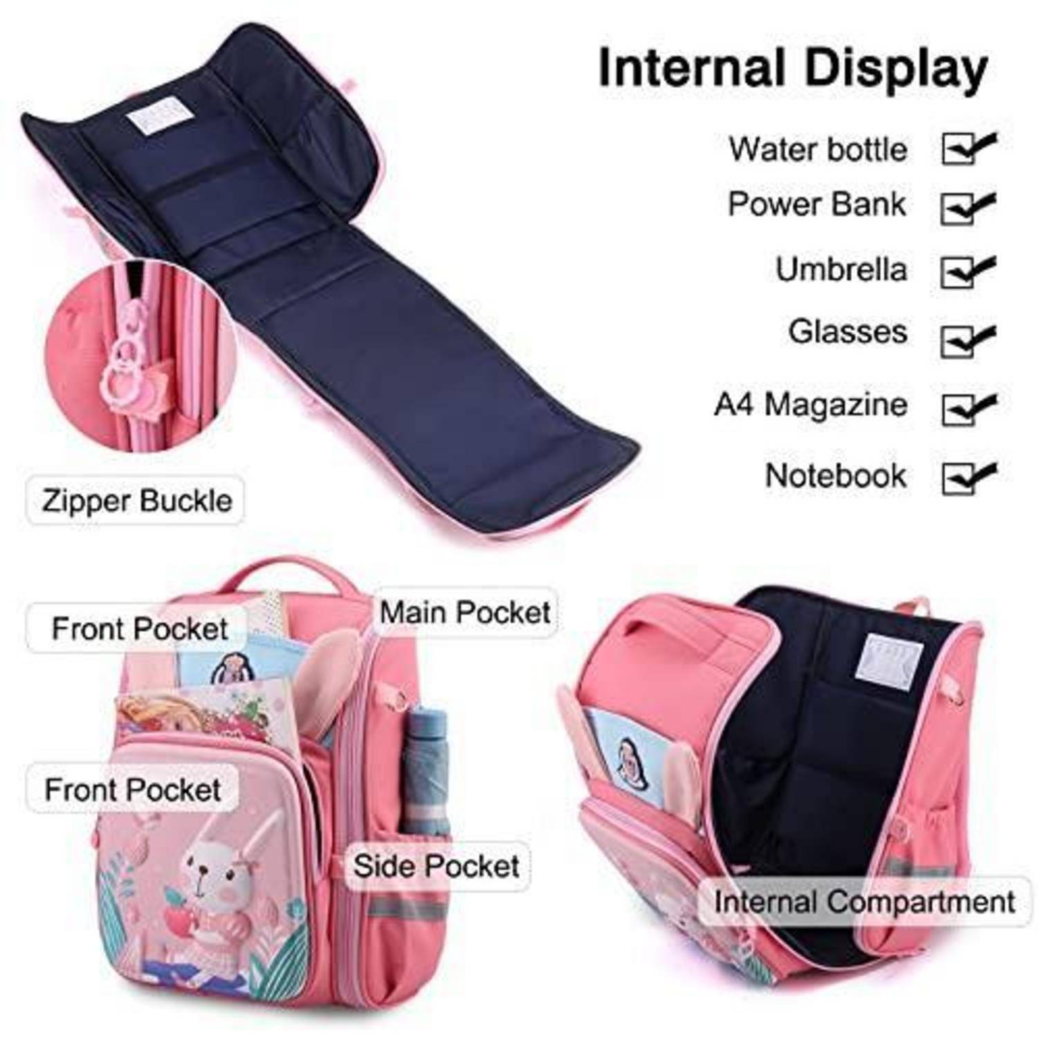 Illustration eines rosa Rucksacks mit mehreren beschrifteten Taschen und einem inneren Fach, das Stauraum für eine Wasserflasche, eine Powerbank, einen Regenschirm, eine Brille, A4-Magazine und ein Notizbuch zeigt.