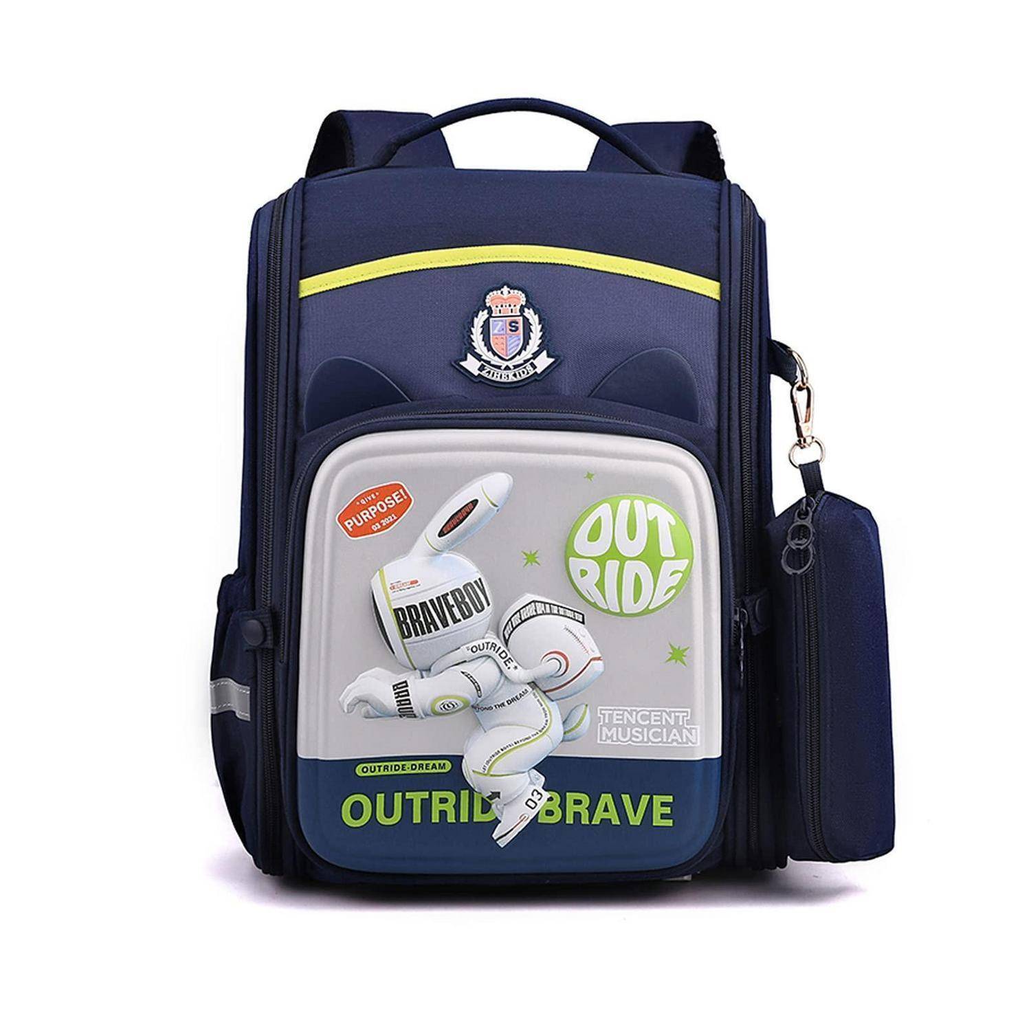 Marineblauer Rucksack mit einem vorderen Panel, das Cartoon-Astronauten-Grafiken und den Text 