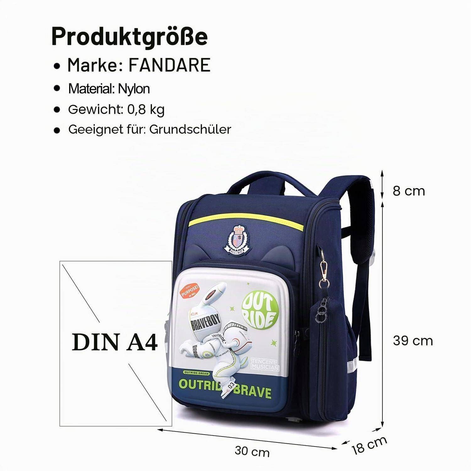Produktgrößendetails für einen FANDARE Nylon-Schulrucksack: 0,8 kg, geeignet für Grundschüler, 39 cm hoch, 30 cm breit, 18 cm tief, mit A4-Größenvergleich.