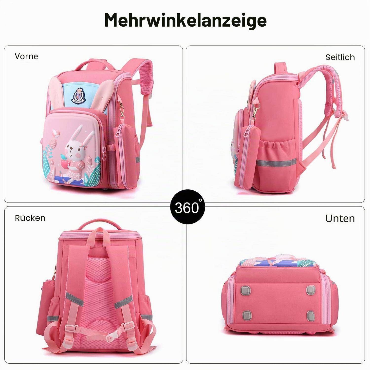 Rosa Kinderrucksack in einer 360-Grad-Produktansicht mit Vorder-, Seiten-, Rück- und Bodenansichten; Merkmale Cartoon-Hasendesign und mehrere Taschen.