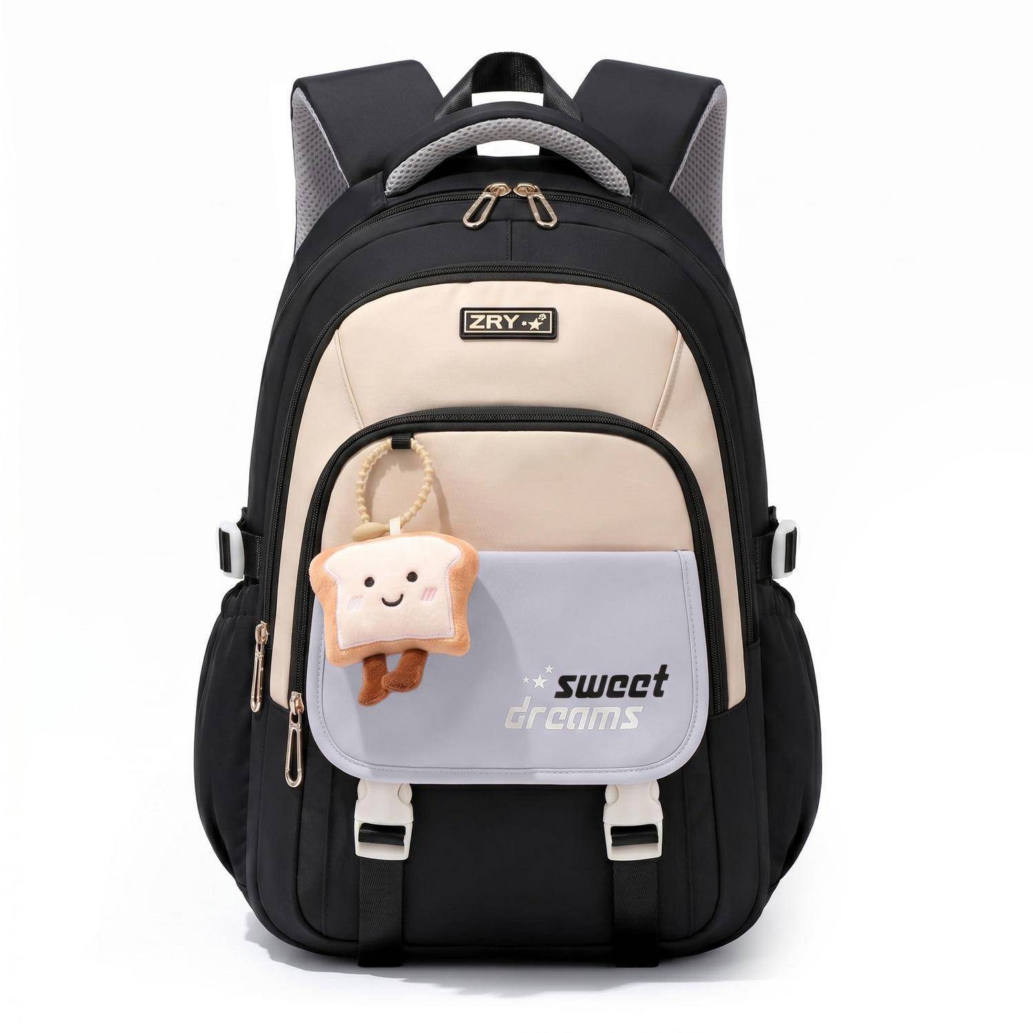Schwarzer und beigefarbener Rucksack mit Vordertasche mit der Aufschrift „Sweet Dreams