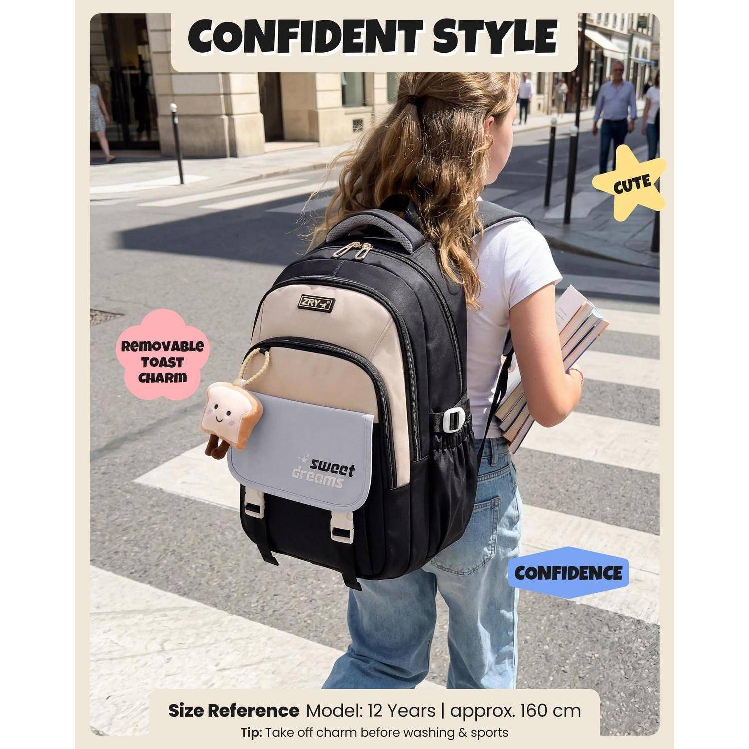 Teenagerin, die einen schwarz-beige Rucksack mit einem Toast-Charm trägt, läuft draußen; Text liest „ZUVERSICHTLICHER STIL