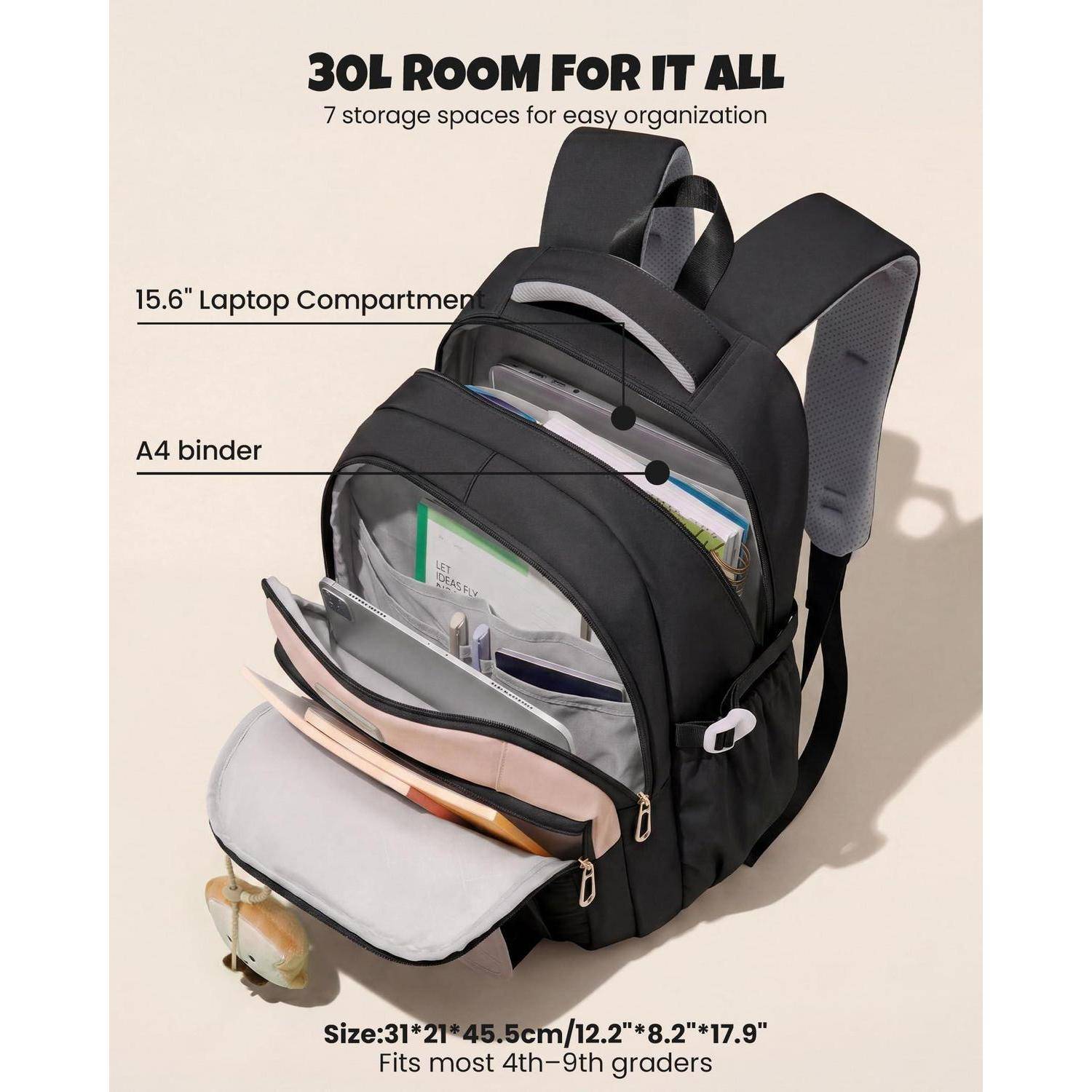 Schwarzer 30-Liter-Rucksack mit 7 Aufbewahrungsfächern, gekennzeichnet mit 15,6-Zoll-Laptop-Fach und A4-Ordner, passt für die meisten 4.-9. Klassen.