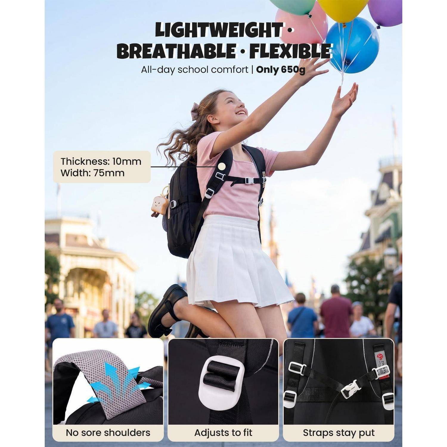 Werbung für einen leichten Schulrucksack: Mädchen springt mit Luftballons, Text sagt „LEICHT. ATMUNGSAKTIV. FLEXIBEL