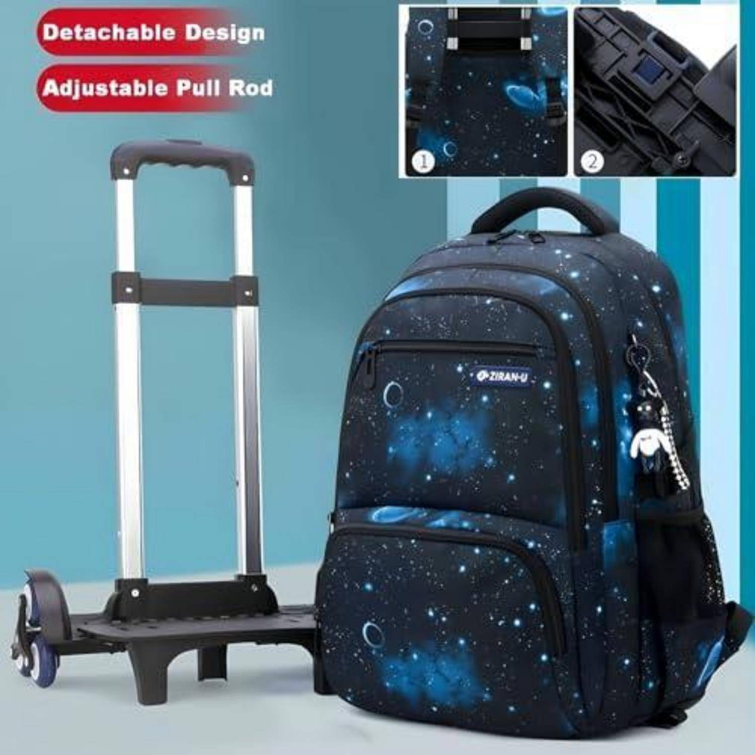 Rucksack mit Galaxie-Muster, befestigt an einer abnehmbaren Basis mit Rädern und verstellbarem Zuggriff, dargestellt als umwandelbarer Rollrucksack.