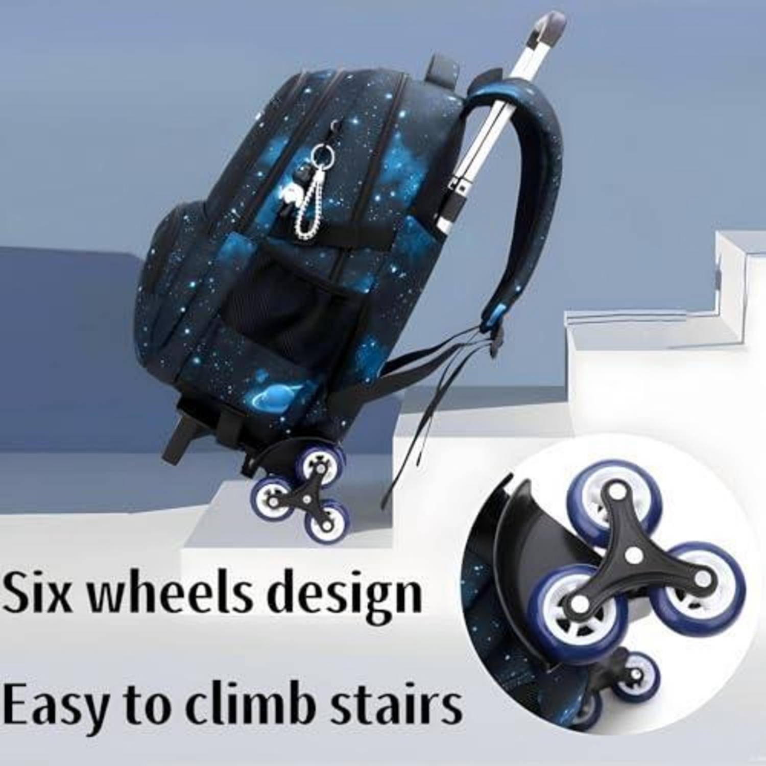 Rucksack mit Rädern mit sechsrädriger Treppenkletterdesign, gezeigt auf Treppen mit Nahaufnahme des Radmechanismus und dem Text „Sechsrädriger Design" und „Leicht Treppen hochzufahren"".