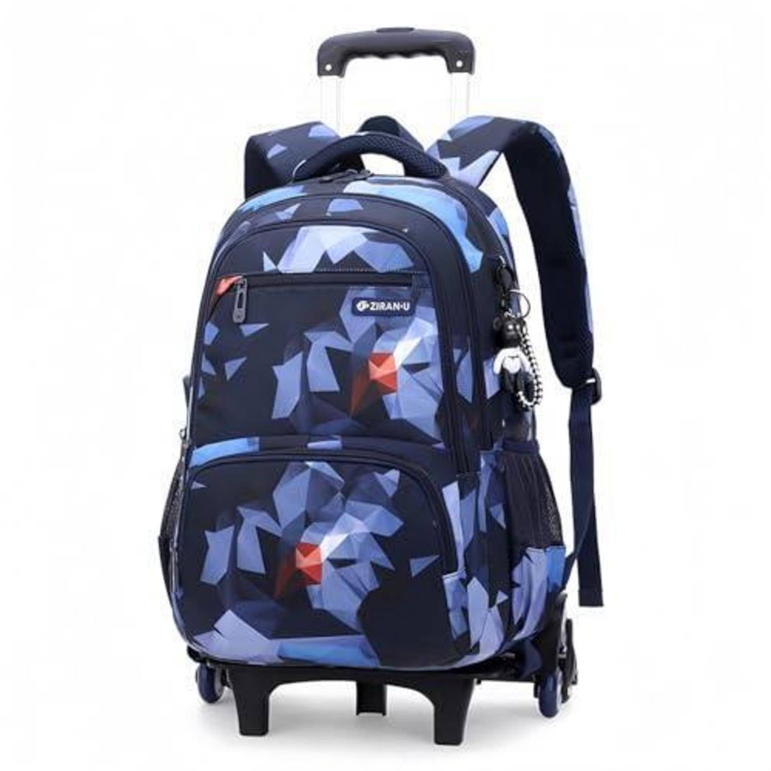 Blauer geometrischer Trolley-Rucksack mit ausziehbarem Griff und Rollen, in Vorderansicht auf weißem Hintergrund dargestellt.