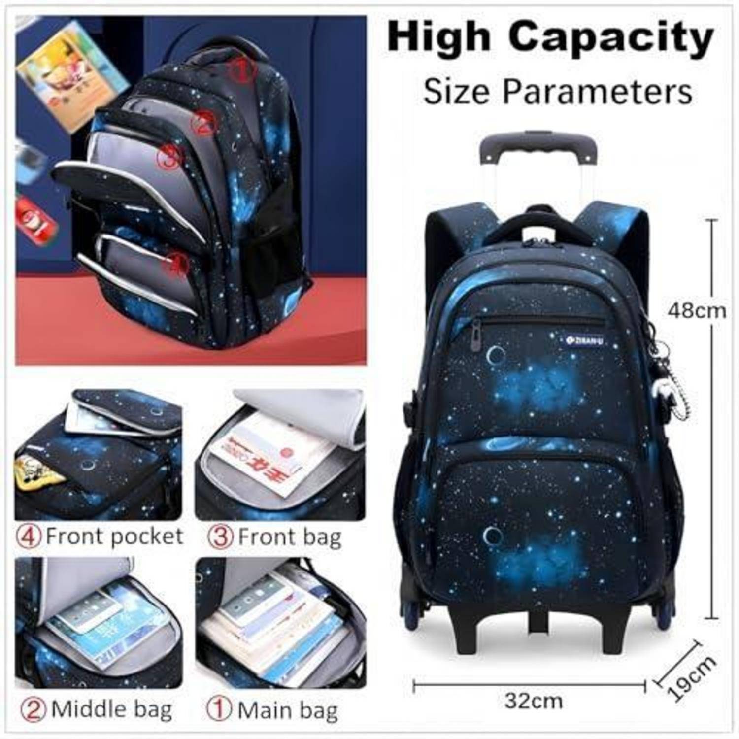 Produktinfografik mit einem Galaxy-Print-Rucksack mit Rollen und mehreren Taschen, mit der Bezeichnung „Hochkapazitäts-Größenparameter"; Abmessungen 48 cm hoch, 32 cm breit, 19 cm tief.