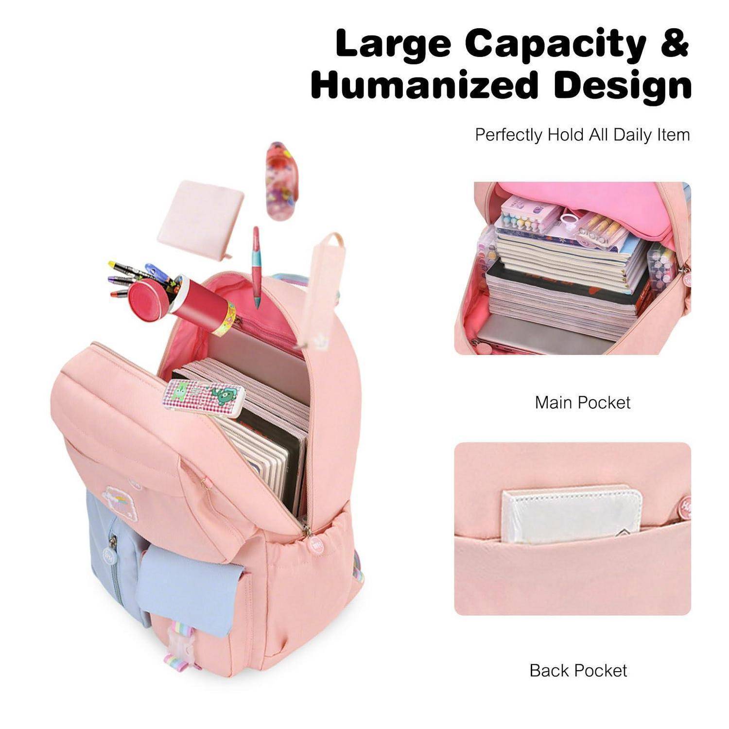 Rosa Rucksack mit mehreren Fächern und Taschen, hervorgehoben als „Großes Fassungsvermögen & humanisiertes Design