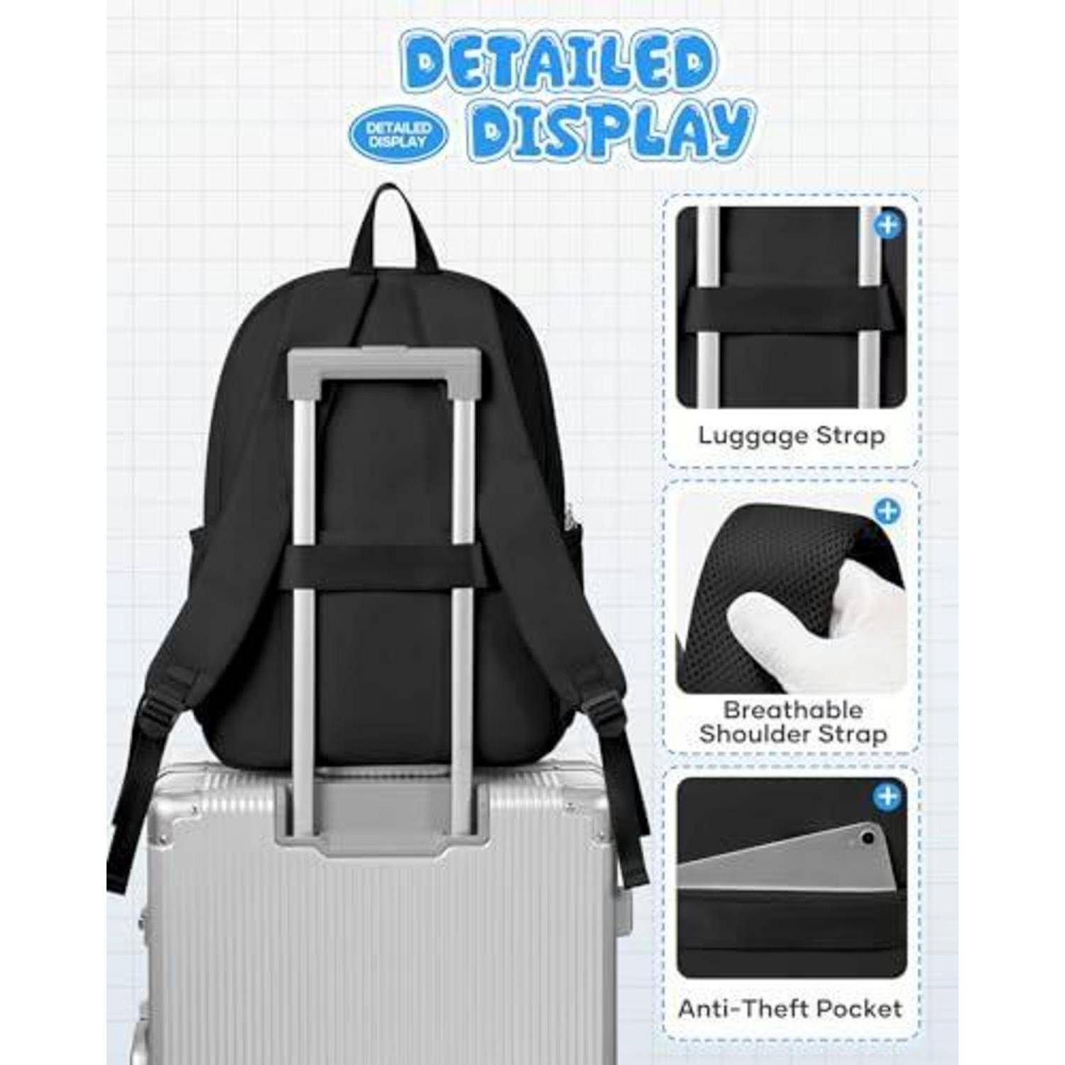 Schwarzer Rucksack mit Riemen an einem silbernen Koffer befestigt, dargestellt als detaillierte Ausstellung mit gekennzeichneten Funktionen: Gepäckgurt, atmungsaktiver Schultergurt, diebstahlsicheres Fach.