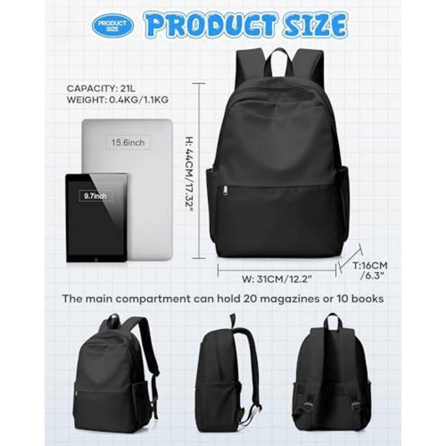 Größentabelle für einen schwarzen Rucksack: 21 Liter Fassungsvermögen, 0,4 kg/1,1 kg Gewicht, 44 cm hoch, 31 cm breit, 16 cm tief; Hauptfach passt 20 Magazine oder 10 Bücher.