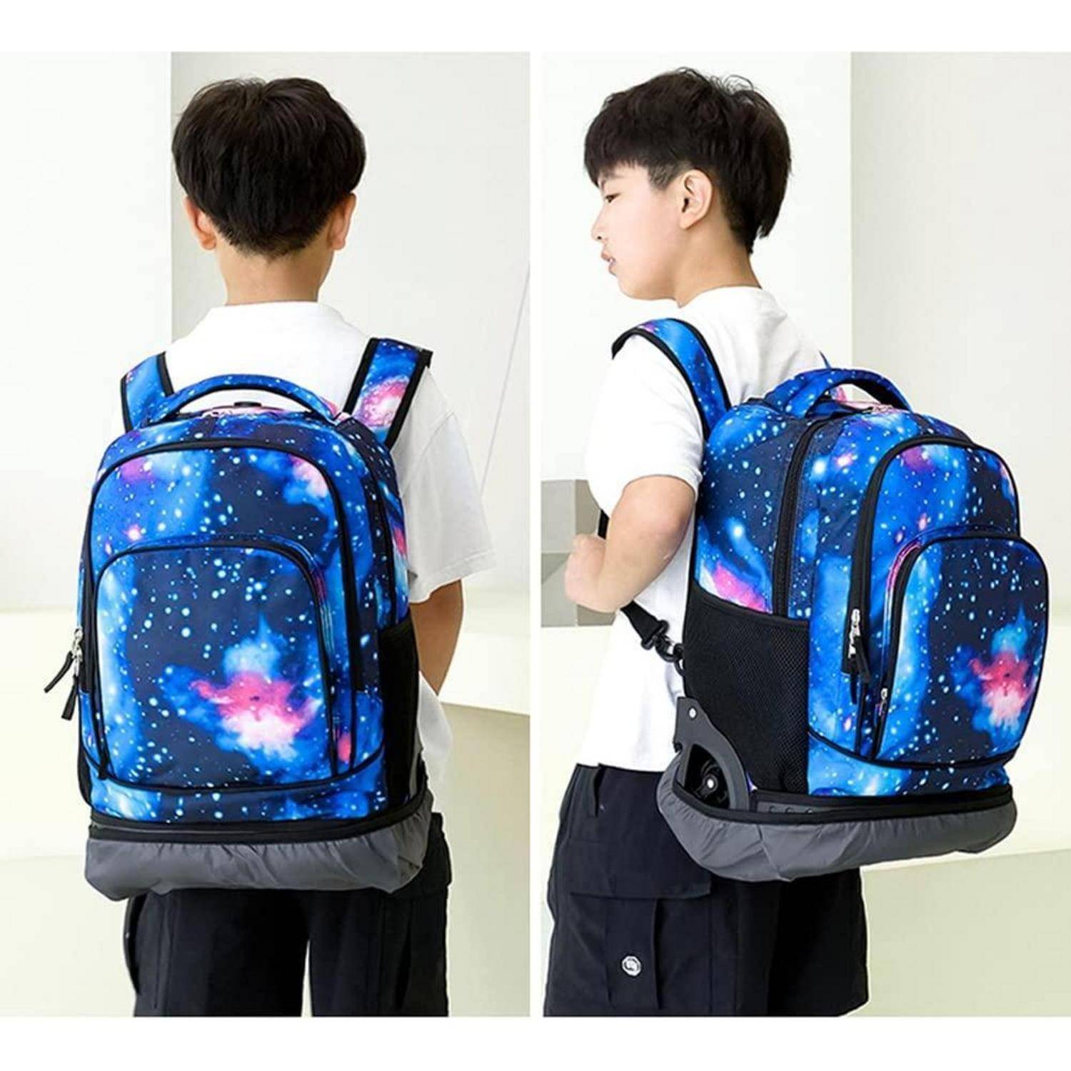 Junge, der einen blaunen Rucksack mit Galaxie-Muster trägt, von hinten und von der Seite gezeigt, um seine Größe, Taschen und mehrere Fächer hervorzuheben.