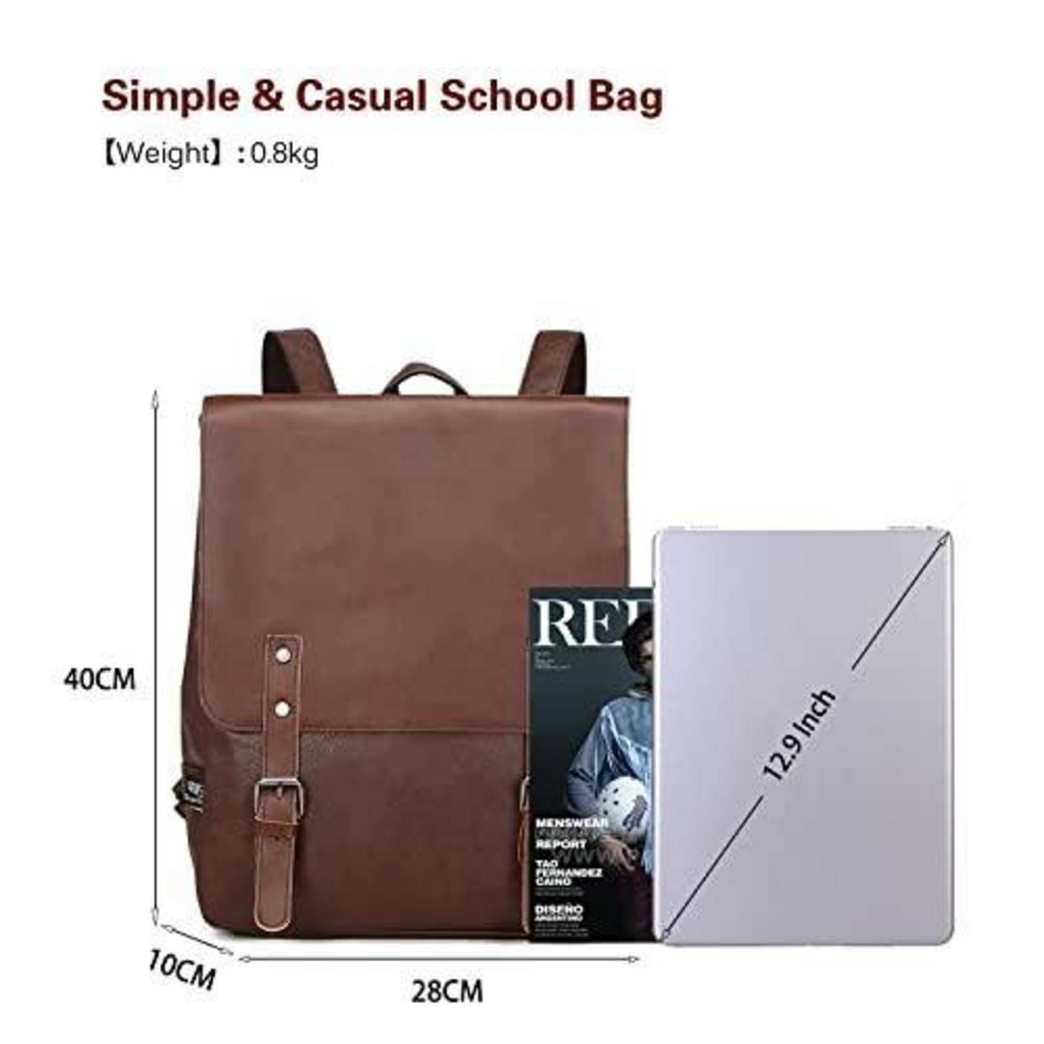 Brauner legerer Schulrucksack, 40 cm hoch, 28 cm breit, 10 cm tief, gezeigt mit einem 12,9-Zoll-Tablet zum Größenvergleich; Gewicht 0,8 kg.