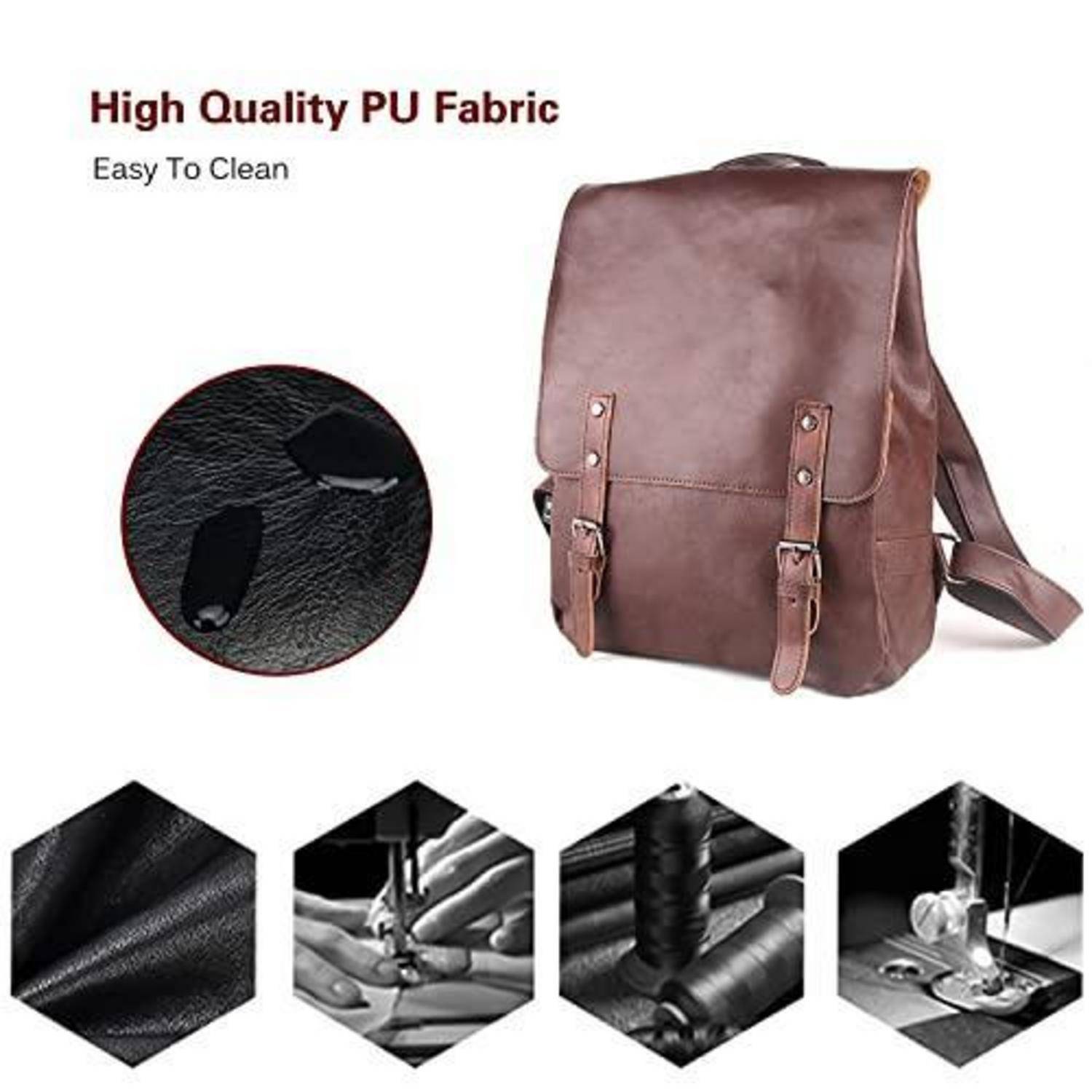 Brauner Rucksack im Leder-Look aus hochwertigem PU-Stoff, mit der Bezeichnung 