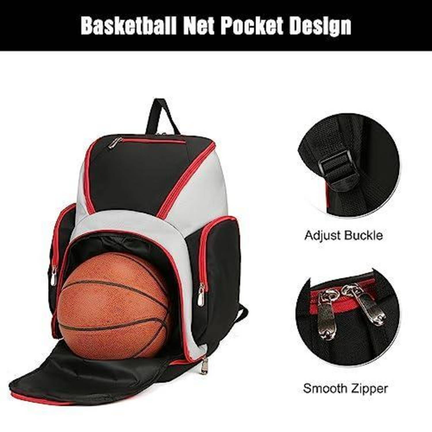 Rucksack mit Basketballfield-Taschenedesign, der einen Basketball hält, mit Nahaufnahmen, die eine Verstellschnalle und einen glatten Reißverschluss kennzeichnen.