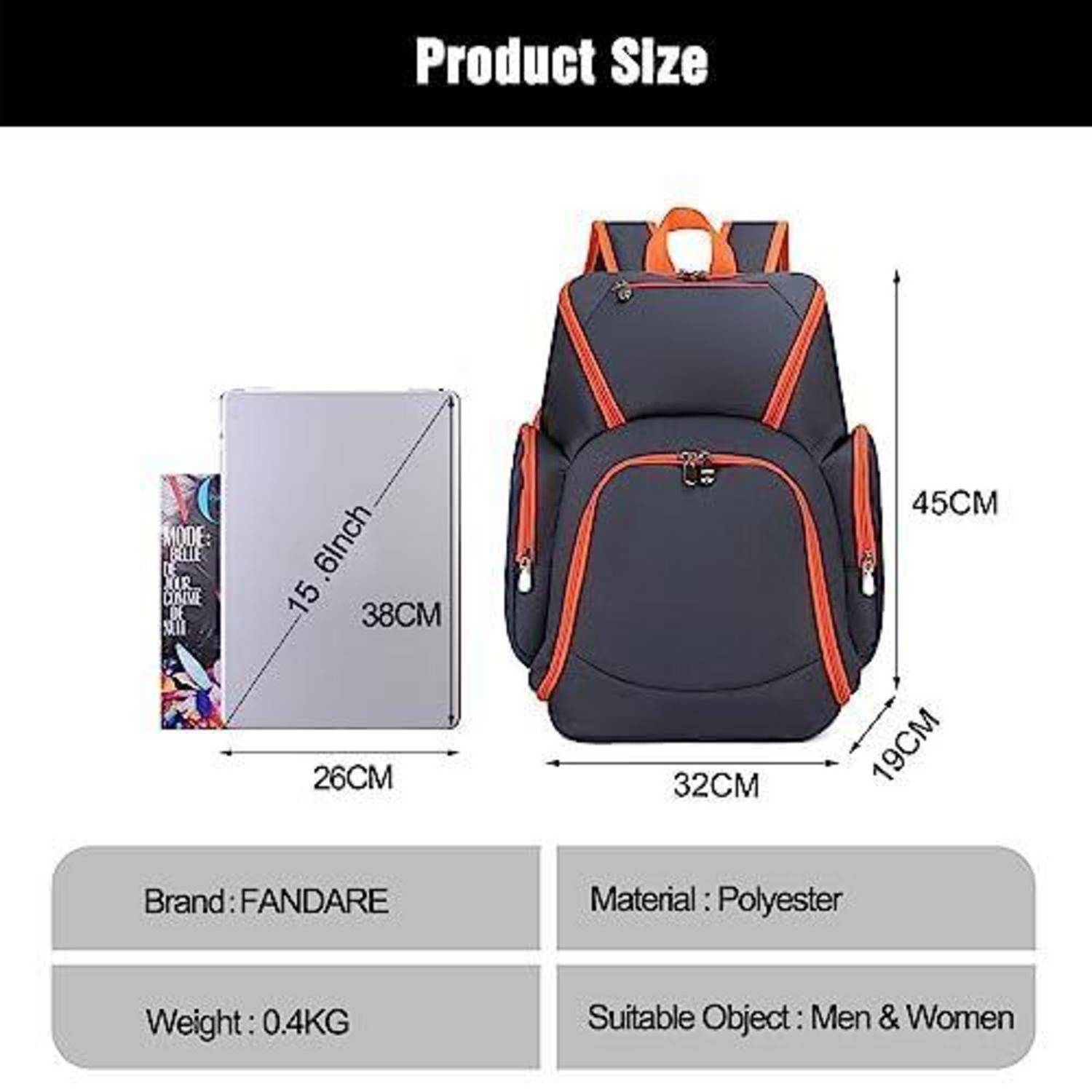 Größentabelle zeigt einen FANDARE Polyester-Rucksack, 45 x 32 x 19 cm, im Vergleich mit einem 15,6-Zoll-Laptop, für Herren und Damen.