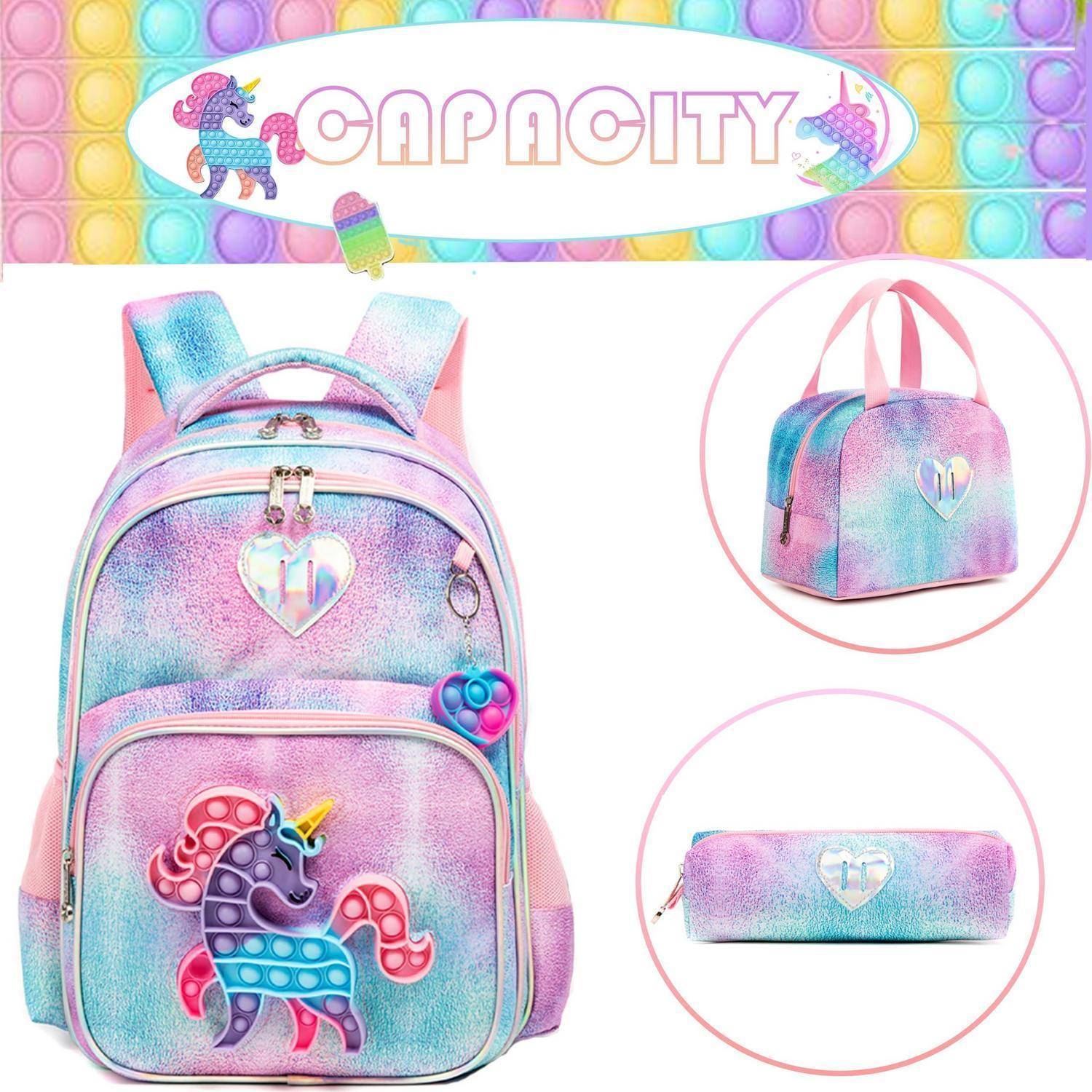 Pastellfarbener Regenbogen-Einhorn-Rucksack gezeigt mit passendem Lunchpaket und Federmäppchen, unter einem „KAPAZITÄT