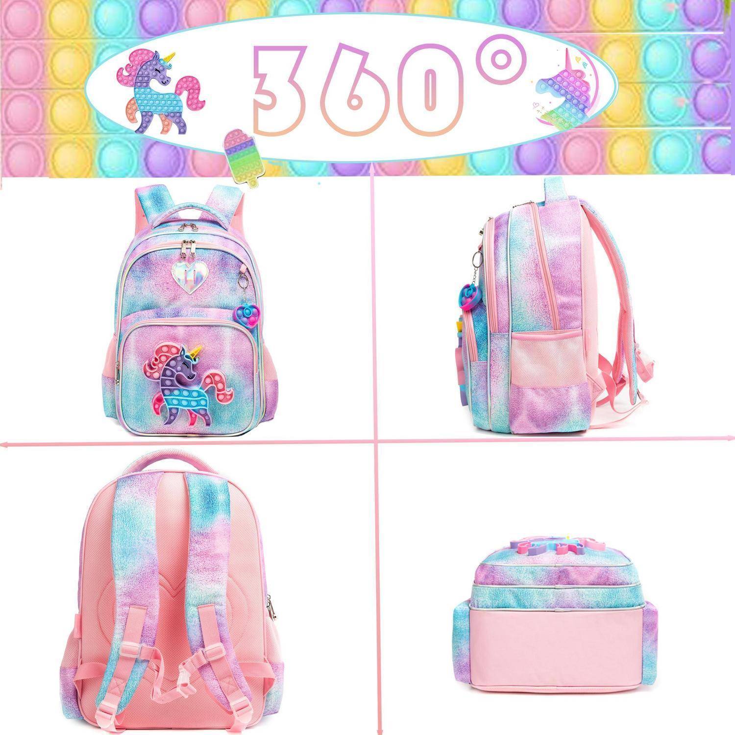Pastellfarbener Einhorn-Rucksack für Mädchen mit 360°-Ansicht, gezeigt von vorne, von der Seite, von hinten und mit Bodenkompartiment und dem Titel 