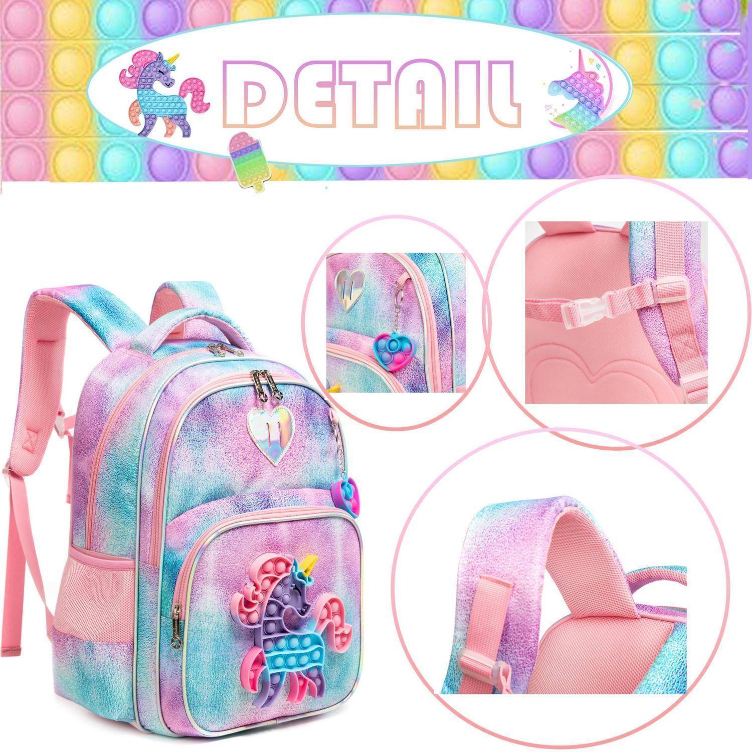 Zartes, holografisches Kinderrucksack mit Meerjungfrau und Herz-Details, gezeigt mit detaillierten Reißverschluss-, Riemen- und gepolsterten Rückenfunktionen.