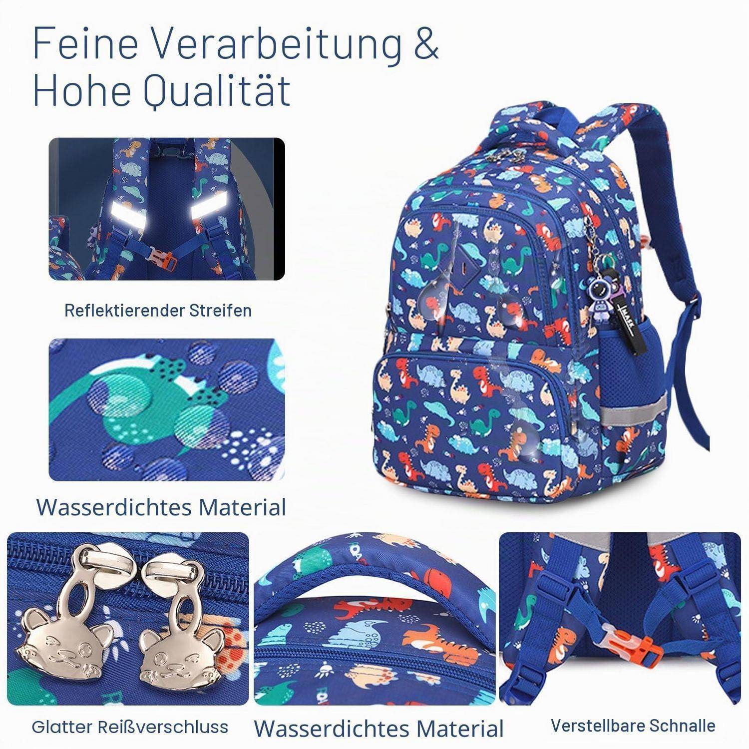 Blauer Kinderrucksack mit farbenfrohem Dinosaurier-Muster, zeigt folgende Eigenschaften: reflektierende Streifen, wasserdichtes Material, glatte Reißverschlüsse und verstellbare Schnallen.