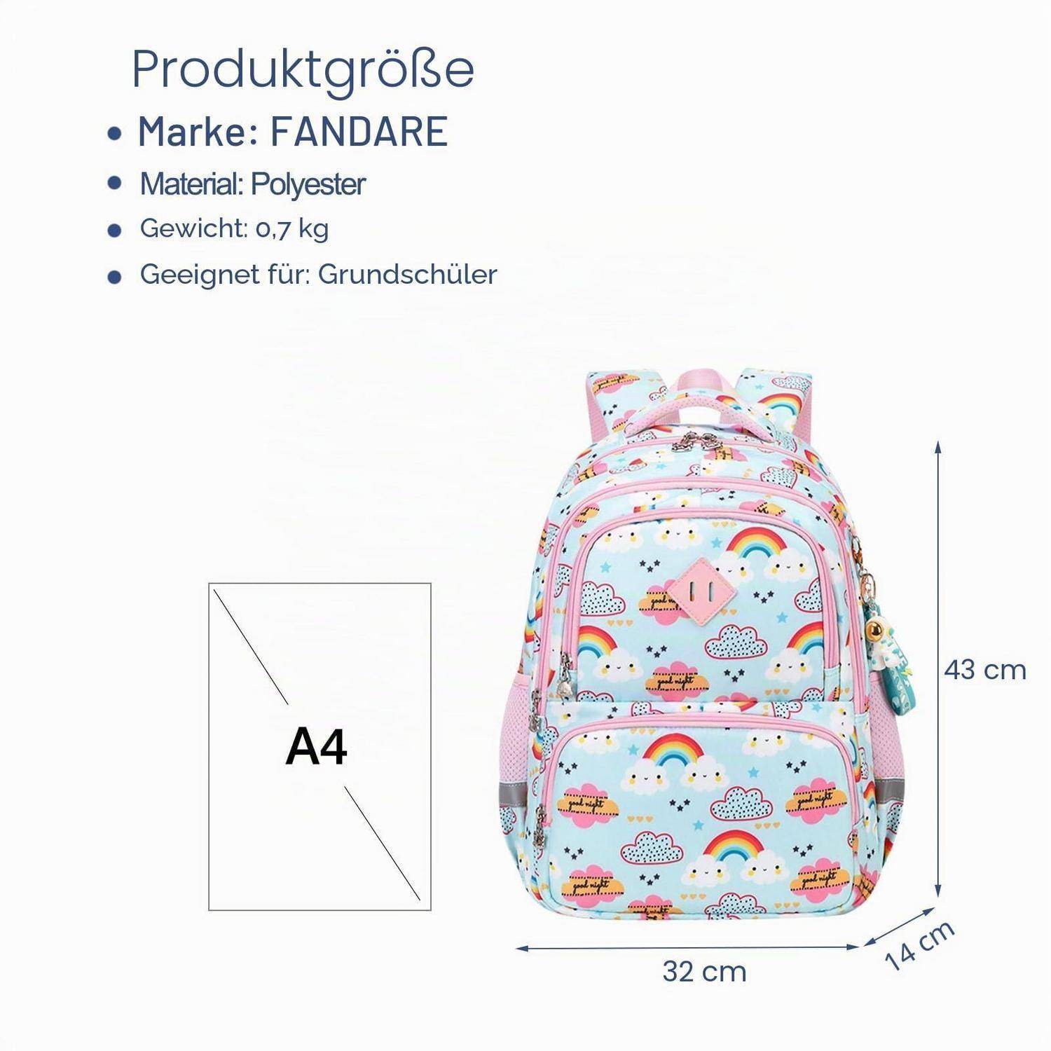 FANDARE Rucksack Größentabelle mit einem pastellfarbenen Regenbogenmuster-Schulrucksack, 43 cm hoch, 32 cm breit, 14 cm tief; A4-Papierformat passt hinein.
