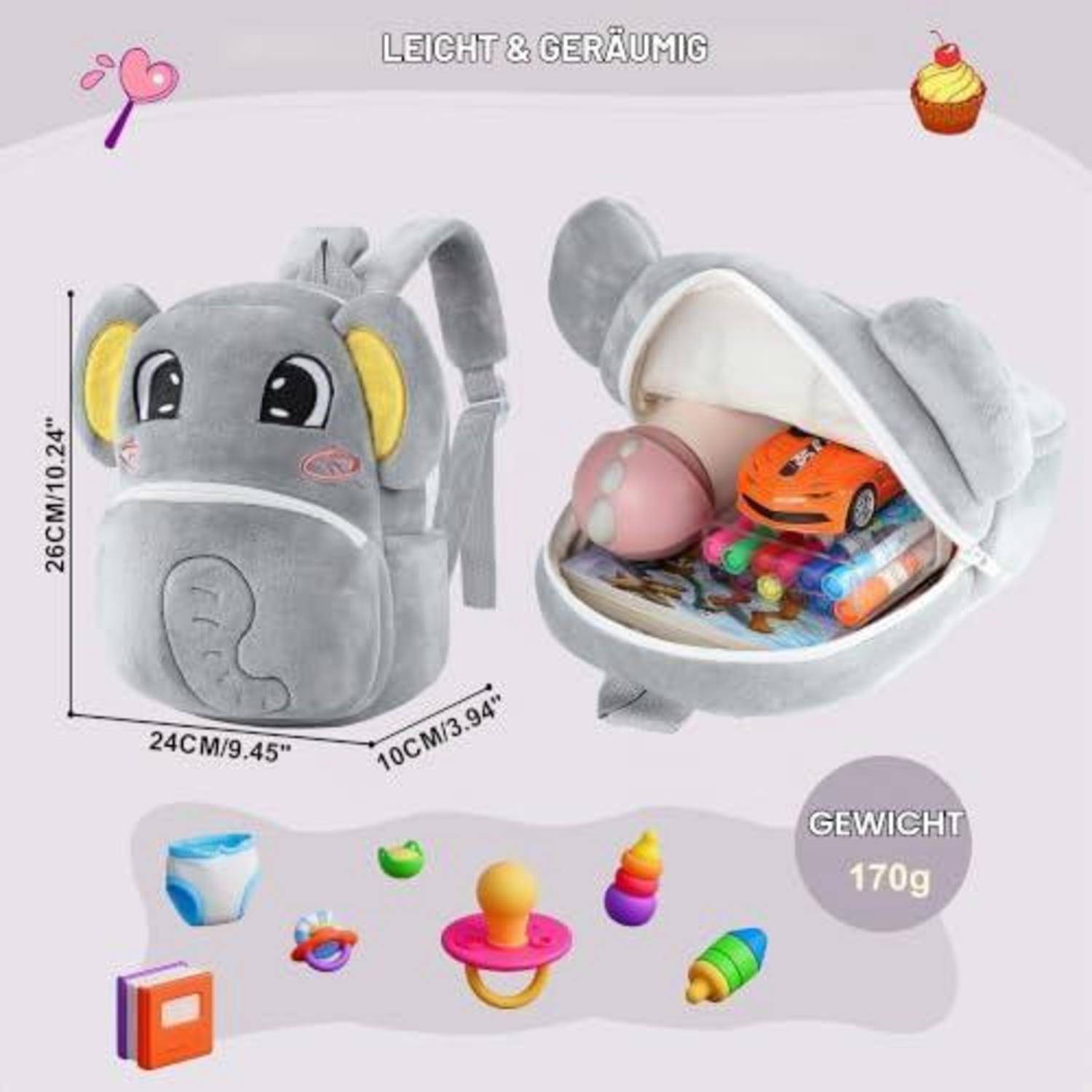 Grauer elefantenförmiger Kinderrucksack, geschlossen und offen gezeigt, mit einem geräumigen Hauptfach; mit den Maßen 26 x 24 x 10 cm und einem Gewicht von 170 g gekennzeichnet, mit kleinen Spielzeugen im Inneren.