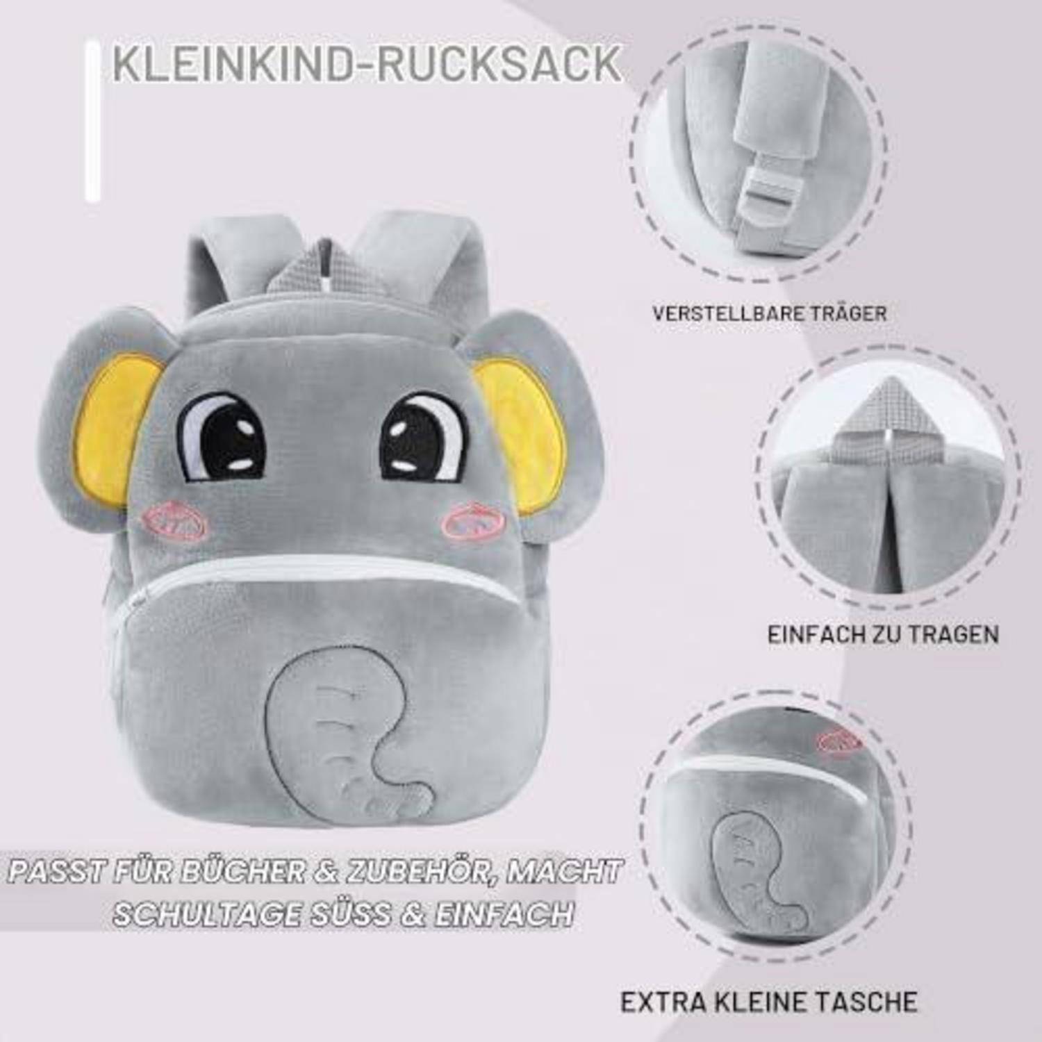 Grauer elefantenförmiger Kinderrucksack mit verstellbaren Trägern, einfachem Tragedesign und einer kleinen zusätzlichen Tasche.