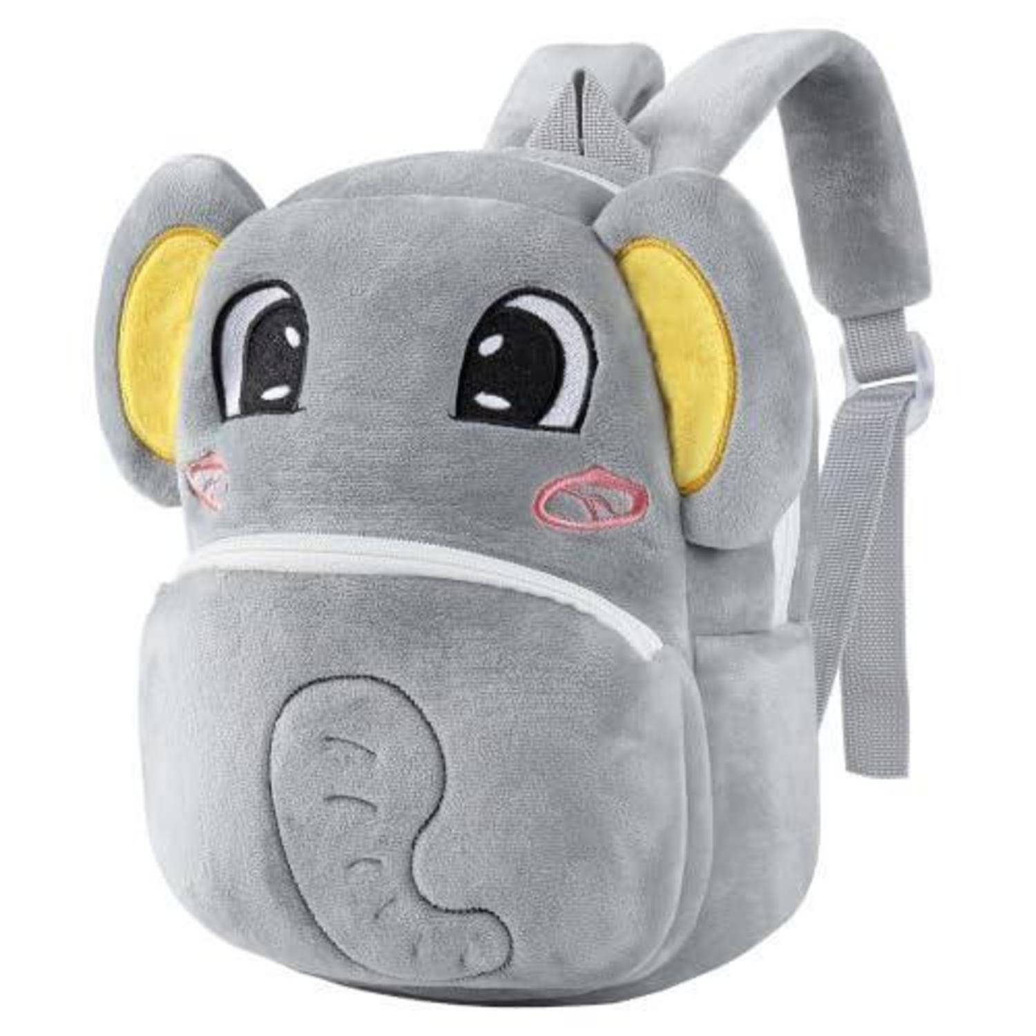 Grauer elefantgeformter Plüsch-Rucksack mit großen Ohren, gesticktem Gesicht und verstellbaren Riemen.