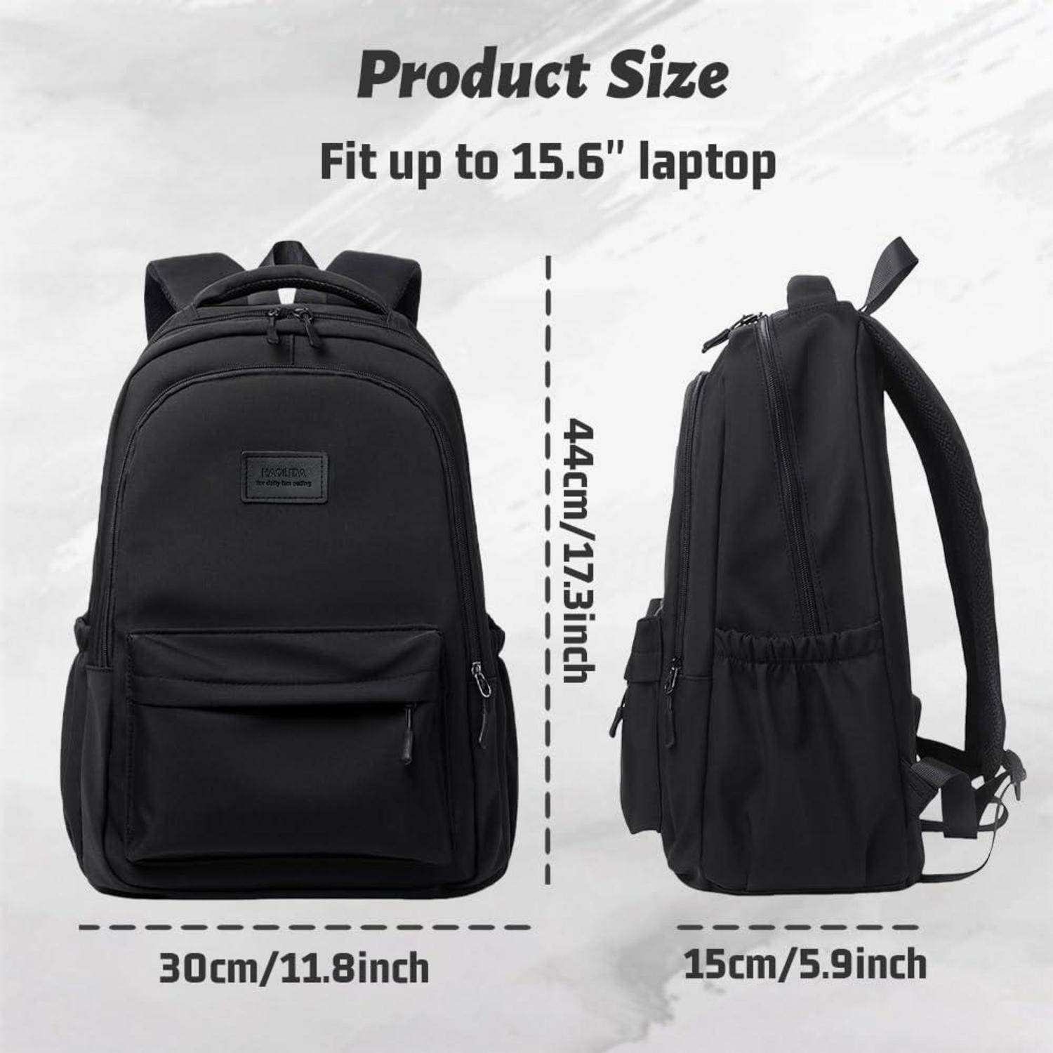 Die Rucksack-Größentabelle zeigt, dass ein schwarzer Rucksack einen bis zu 15,6-Zoll-Laptop fasst; die Abmessungen betragen 44 cm Höhe, 30 cm Breite und 15 cm Tiefe.