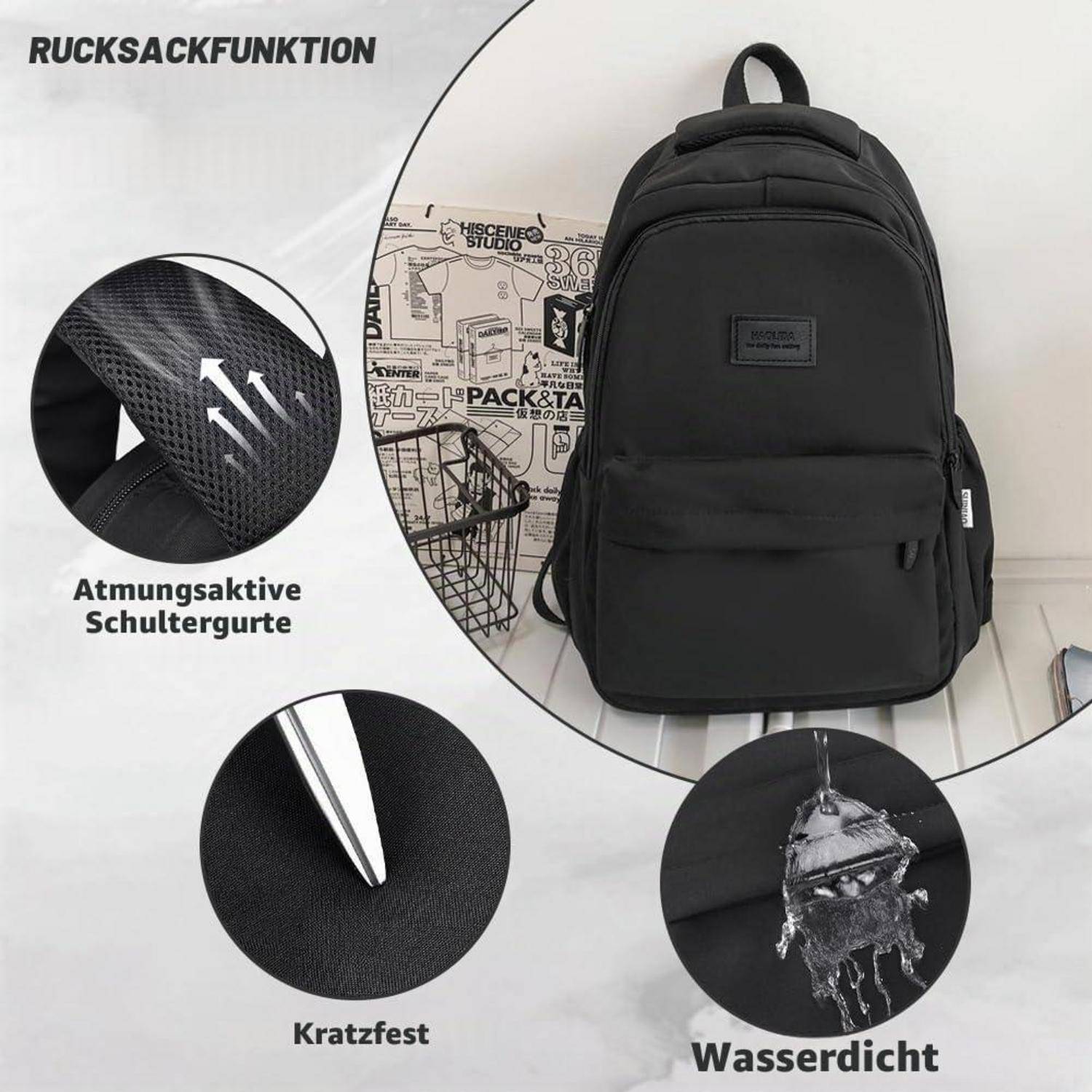 Schwarzer Rucksack mit gepolsterten Schultergurten, gekennzeichnet mit „RUCKSACKFUNKTION