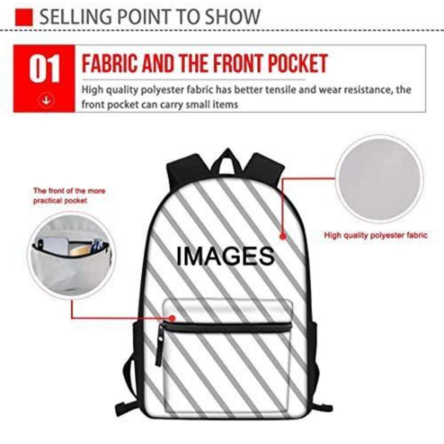 Illustration eines Rucksacks mit einer Vordertasche und Polyesterstoff, der als Verkaufsvorteil gekennzeichnet ist; seitliche Hinweise heben die Tasche und das strapazierfähige Material hervor.