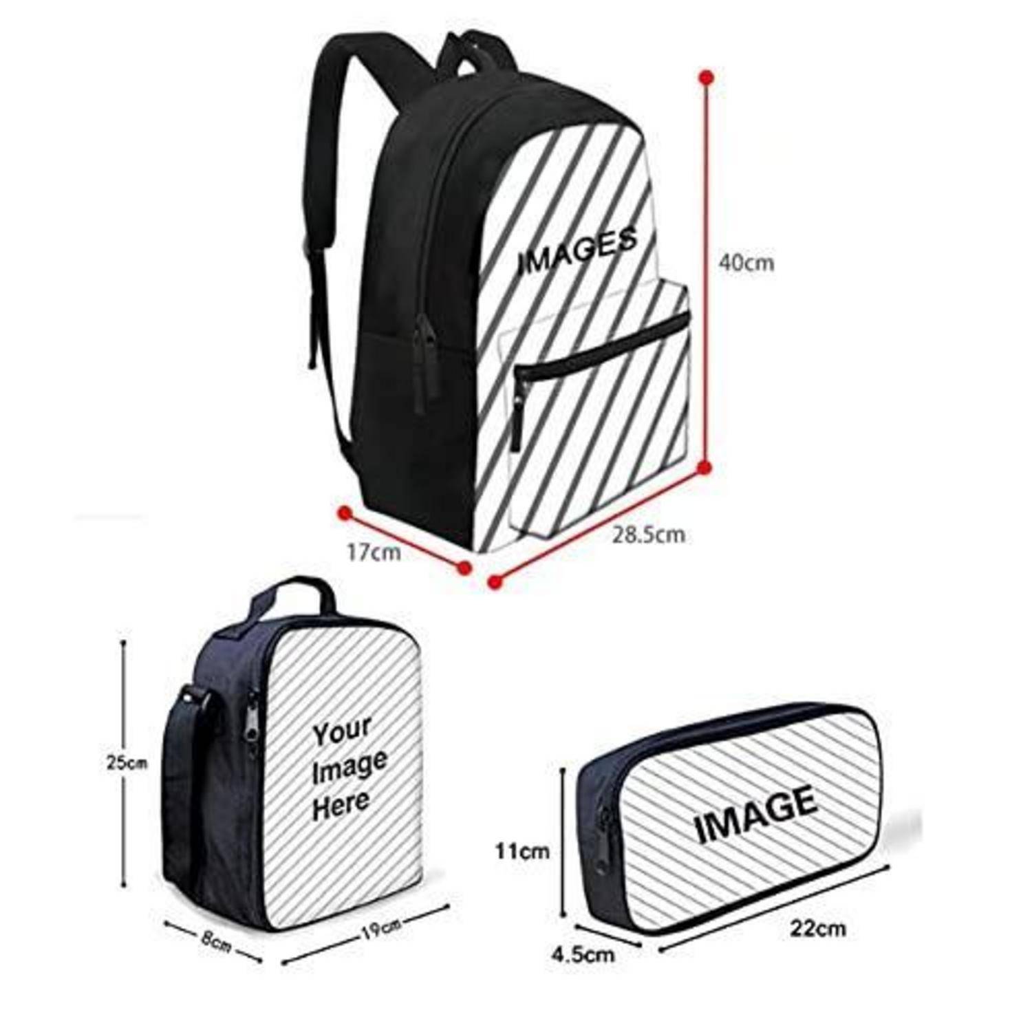 Produktgrößendiagramm mit drei anpassbaren Taschen: ein Rucksack 40 cm hoch, 28,5 cm breit, 17 cm tief; eine Lunchbox 25 cm hoch, 19 cm breit, 8 cm tief; und ein Federmäppchen 11 cm mal 22 cm mal 4,5 cm.