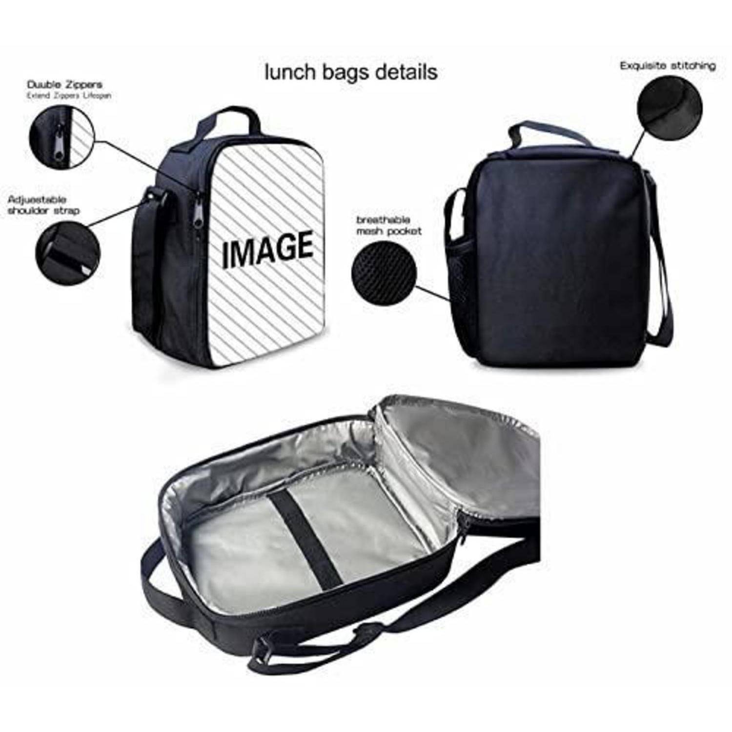 Illustration einer Lunchbox mit Details: Doppelreißverschlüsse, verstellbarer Schultergurt, atmungsaktive Netztasche, erlesene Nähte und wärmeisoliertes Inneres.