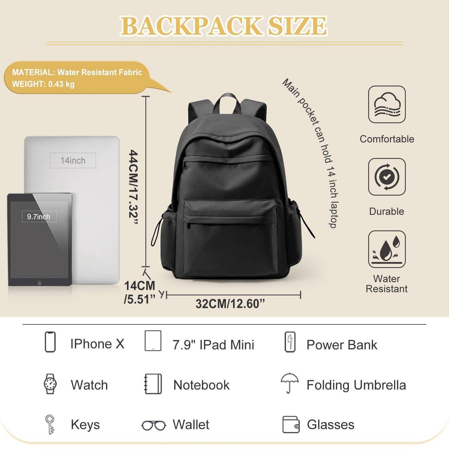 Rucksackgrößentabelle mit einem schwarzen 44 x 32 x 14 cm Rucksack, passt einen 14-Zoll-Laptop. Wasserbeständiges Material, wiegt 0,43 kg, mit Symbolen für Komfort, Haltbarkeit und Wasserbeständigkeit.