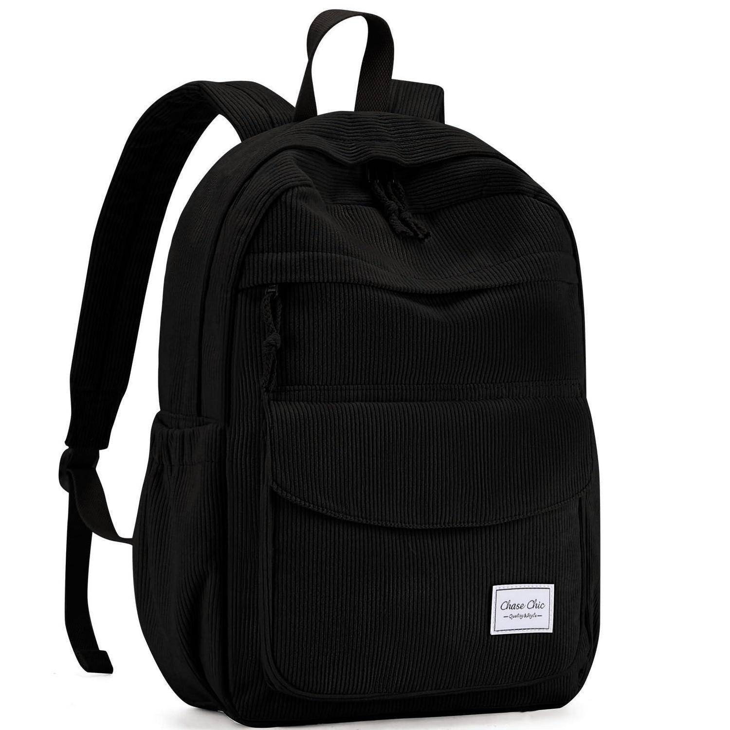 Schwarzer Rucksack mit vorderer Reißverschlusstasche, oberen Griff und gepolsterten Schultergurten auf weißem Hintergrund.