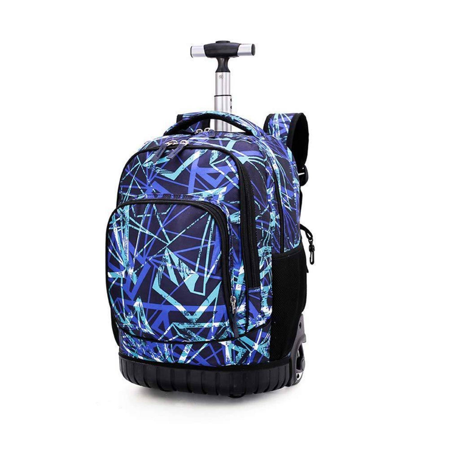 Blauer und schwarzer Rollen-Rucksack-Koffer mit ausziehbarem Griff, auf weißem Hintergrund gezeigt.